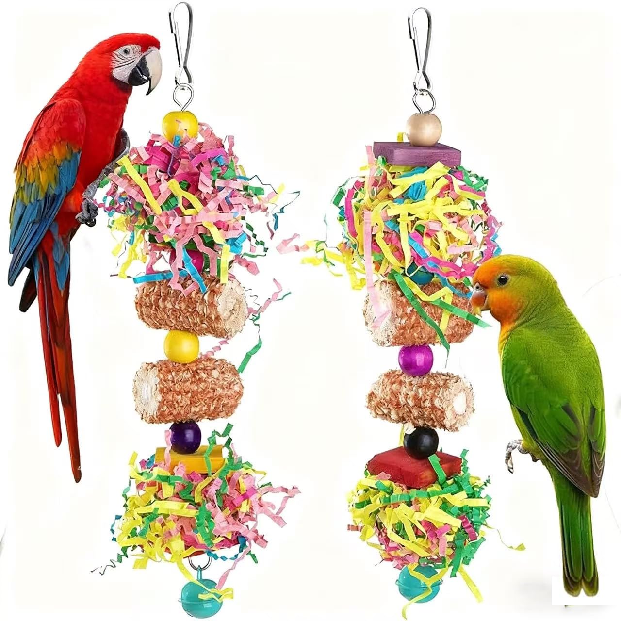 ZYYRSS 2 PCS Bird Toys Set, Natural Corn Cob and Paper Slices Parrots Chewing Toys, Cage Hanging Foraging Shredder Toy, Bird Cage Accessories for Macaws, Conure, Cokatoos, Cockatiel, Parrots