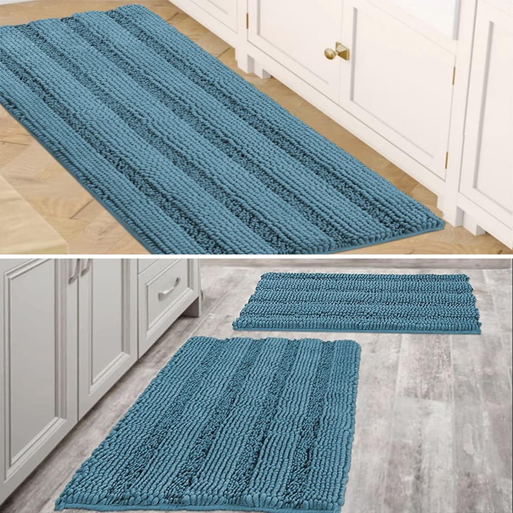H.VERSAILTEX Item Striped Chenille Rug Pack 2-20" x 32"/17" x 24" and Pack 1-47" x 17" Bundle, Turquoise Blue