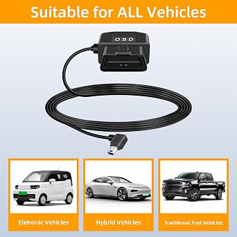 GELRHONR Right Angle OBD Power Cable for Dash Camera, Mini USB OBD2 Dashcam Hardwire Kit with 24 Hours Surveillance and Acc 2 Mode 11.5FT, for EV Hybrid Fuel Vehicles(Right Angle Mini USB)