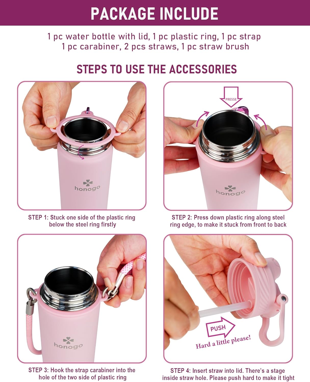 24 oz Insulated Water Bottle with Shoulder Strap, Stainless Steel Tumbler with 2-in-1 Straw & Spout Lid, Fashion Water Flask for Women & Girls. Keep Cold 24H / Hot 12H, BPA Free (Light Purple, 24 oz) - Image 5