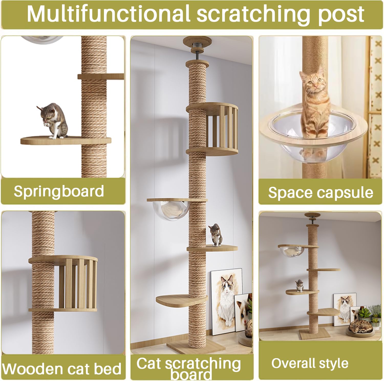 Mekidulu Floor to Ceiling cat Tree,Adjustable Height,Tall cat Tree with Width 4.33 in Scratching Post,Cat Hammock,Fully Wrapped with sisal Rope(240~250cm - Image 4