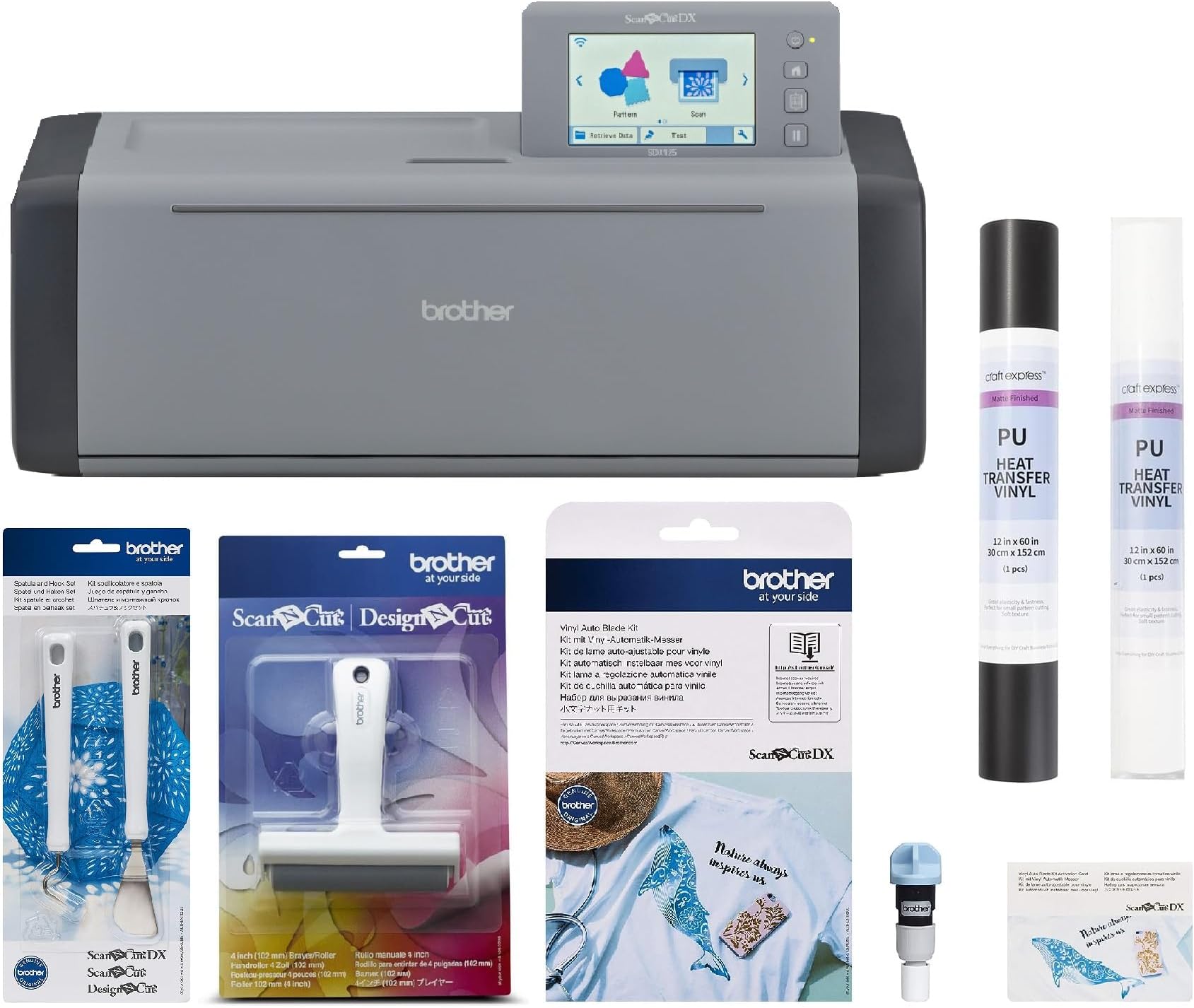 Brother ScanNCut SDX125EGY Electronic DIY Cutting Machine with Scanner, Plus Vinyl Auto Blade Kit, Black & White Vinyl Rolls and Tools