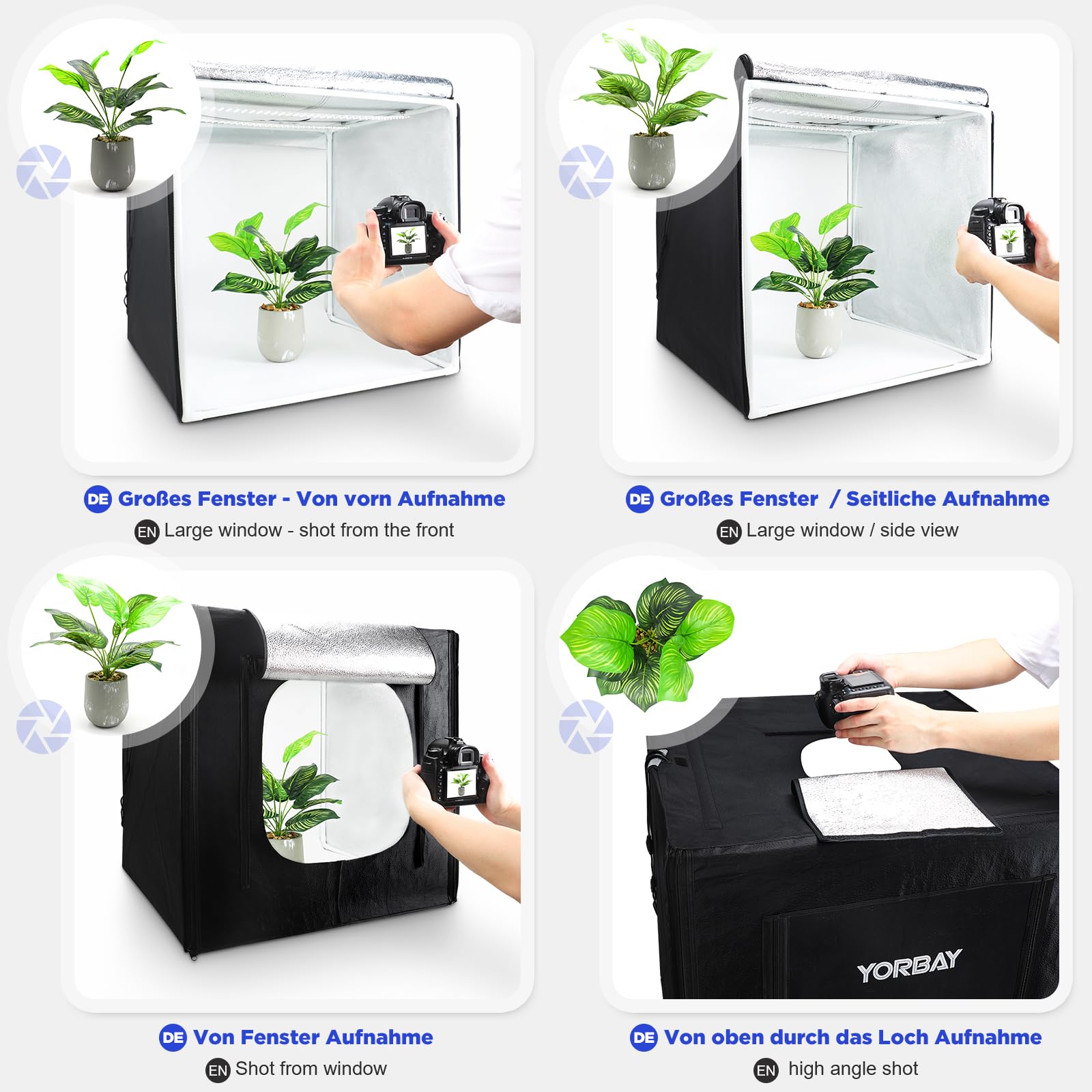 Yorbay Tenda Studio Fotografico Luminosità Regolabile 60x60x60cm Pieghevole Portatile, con 2x Luci LED più 4 Panni Sfondi Bianco/Nero/Arancione/Grigio, Photo Box Professionale