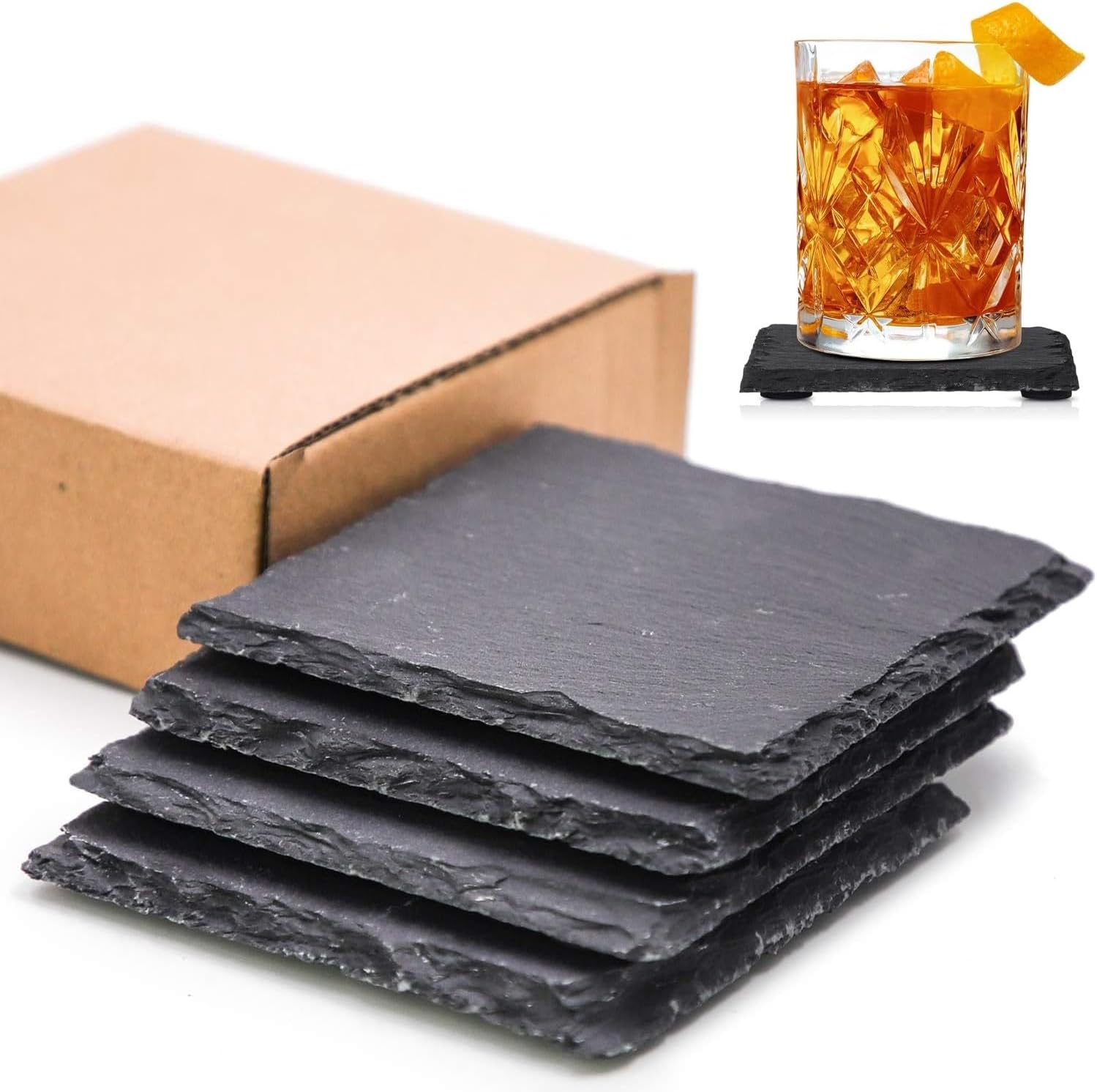 4Pcs Slate Drink Coasters, 10CM Square Black Stone Coaster Engravable Blank Slate Cup Coaster Natural Rough Edge with Anti Scratch Bottom for Drink Coffee Bar Kitchen Home Decor