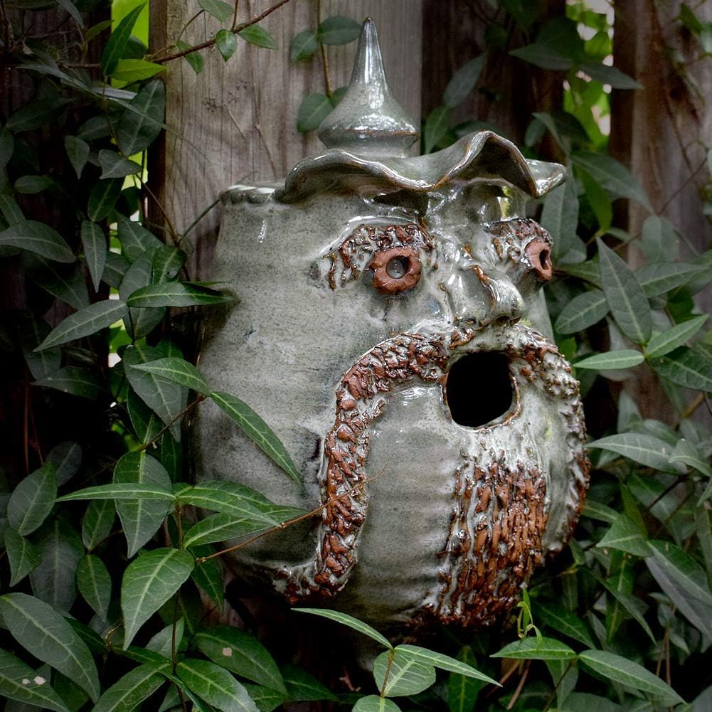 Whimsical Woodsman Wall-Mounted Birdhouse - American Handmade Stoneware Pottery, Folk Art Face Jug Style, 10.5"