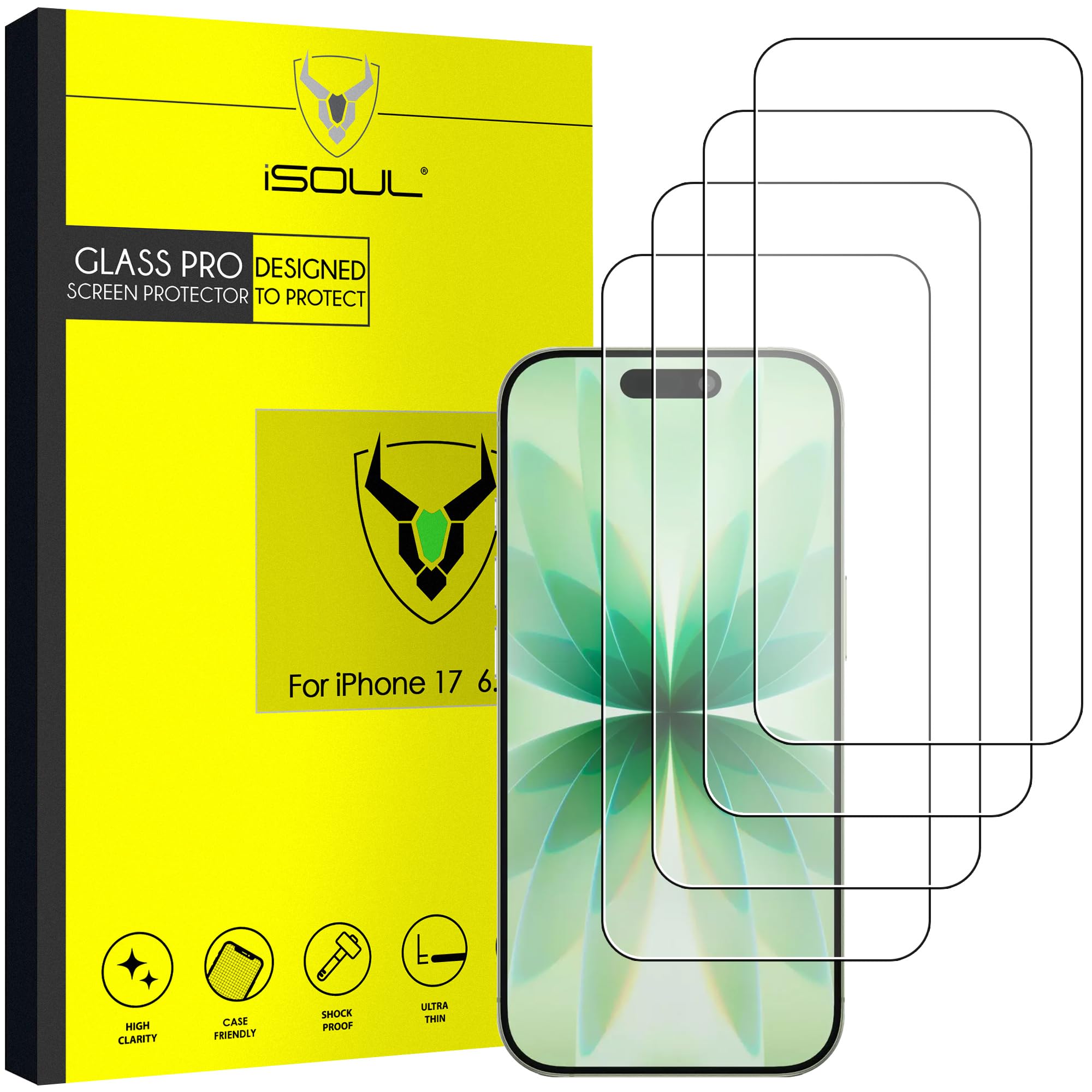 iSOUL Screen Protector for iPhone 17 Pro 6.3 Inch Tempered Glass Film Full Coverage, Screen Protector for iPhone 17/17 Pro / 16 Pro [ Case Friendly ] Clear 4 Pack
