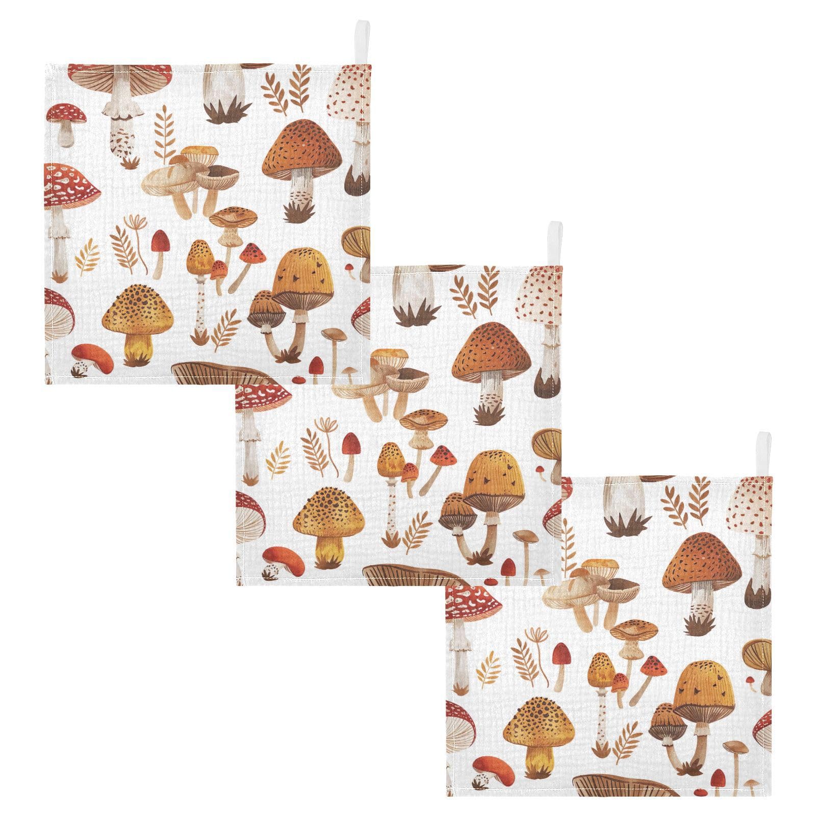 Msyxl Mushrooms Baby Washcloths 3 Pack Soft Face Towel Absorbent Bath Wash Cloths for Newborn Infants Kids Girls Boys, 12x12in