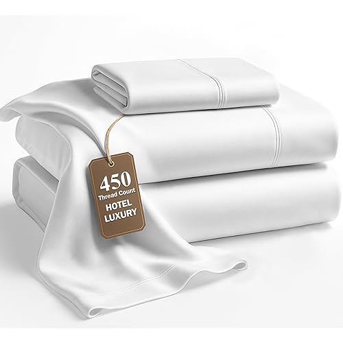 LANE LINEN Twin XL Sheets Set - 450 Thread Count Premium Sateen Weave for Hotel Quality Luxury - Extra Soft & Breathable Cotton Sheets Set for Single Beds - Fits Mattresses Upto 15'' Deep - White