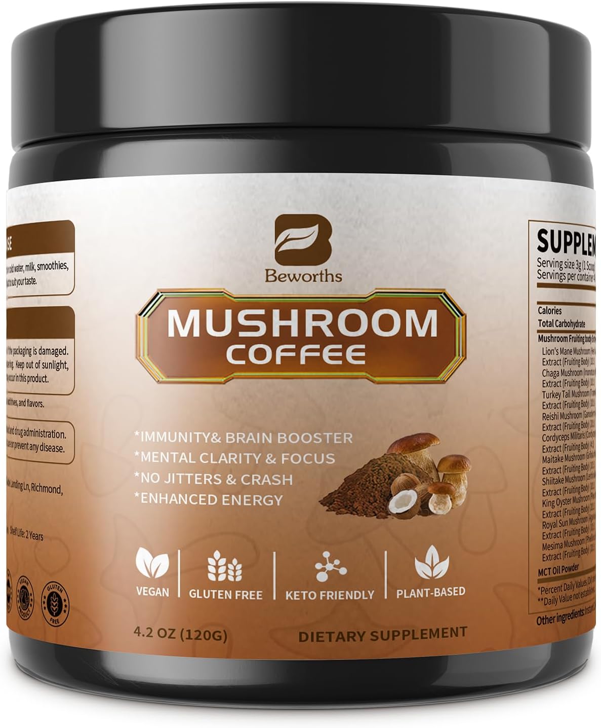 Mushroom Coffee Powder with MCT Oil - 10 Mushrooms Lion's Mane, Turkey Tail, Reishi, Cordyceps & Chaga - Arabica Instant Mushroom Coffee for Focus, Immune, Gut & Brain Health | Vegan, Keto - Image 9