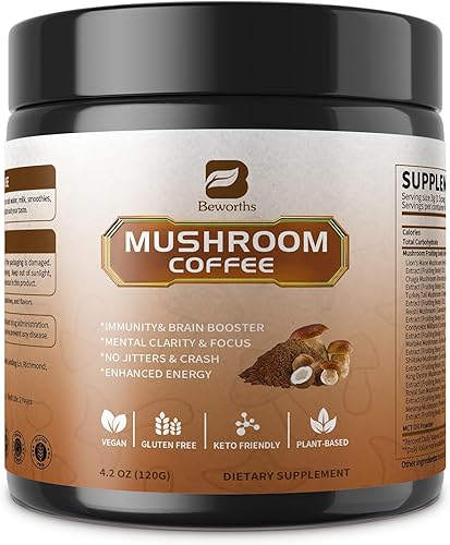 Miniatura 9 de Café en polvo de hongos con aceite MCT, 10 hongos melena de león, cola de pavo, reishi, cordyceps y chaga - Café instantáneo de hongos arábica para