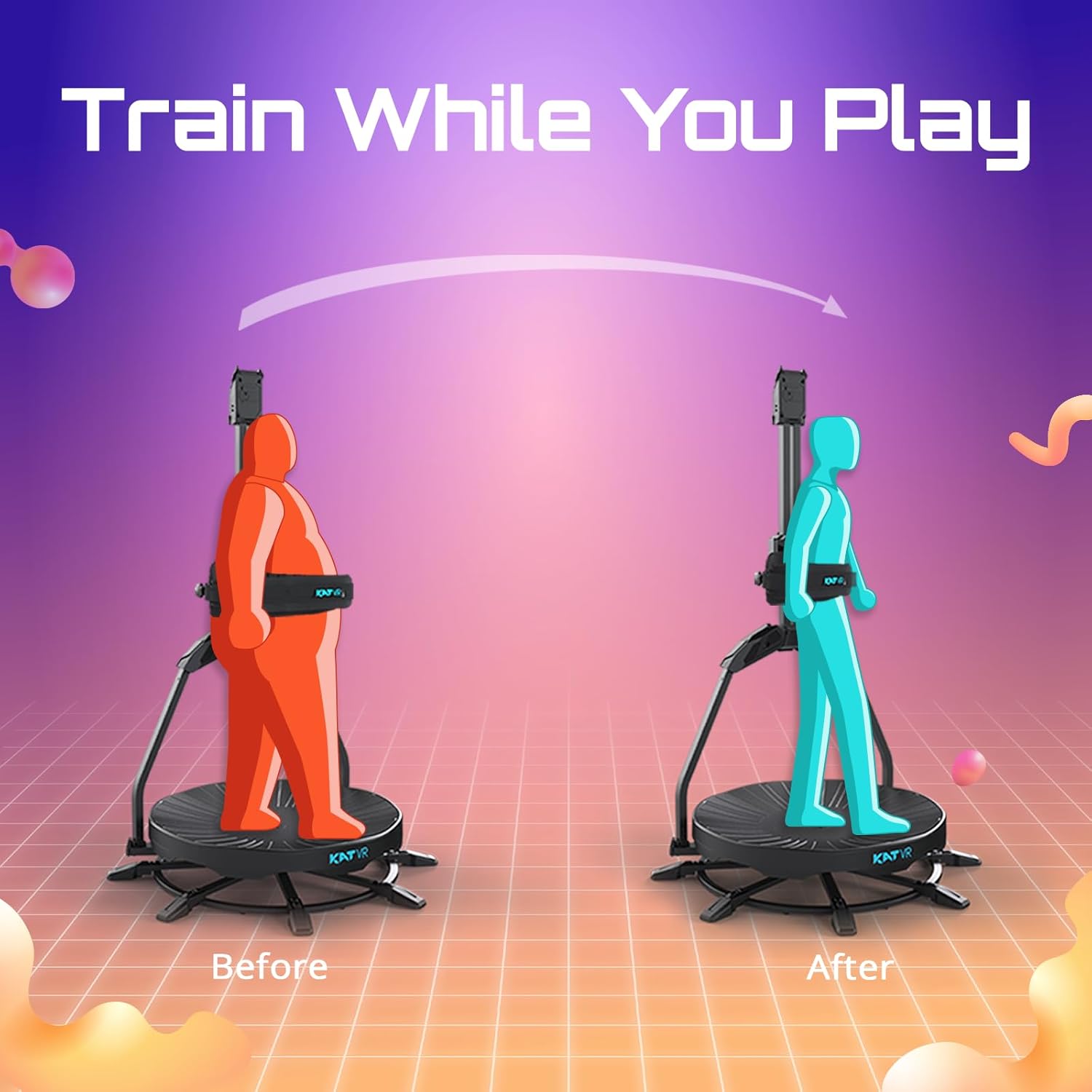 Illustration of a person before and after using the KAT Walk C2 CORE, suggesting fitness benefits.