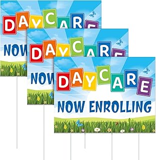 3 Pcs 16 x 12 Inch Daycare Now Enrolling Lawn Yard Sign with Plastic Stakes Hollow Board Daycare Now Enrolling Yard Sign Double Sided Printing Roadside Signage Outdoor Advertising