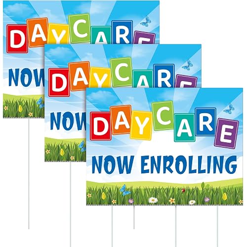 AceOrbit 3 Pcs 16 x 12 Inch Daycare Now Enrolling Lawn Yard Sign with Plastic Stakes Hollow Board Daycare Now Enrolling Yard Sign Double Sided Printing Roadside Signage Outdoor Advertising