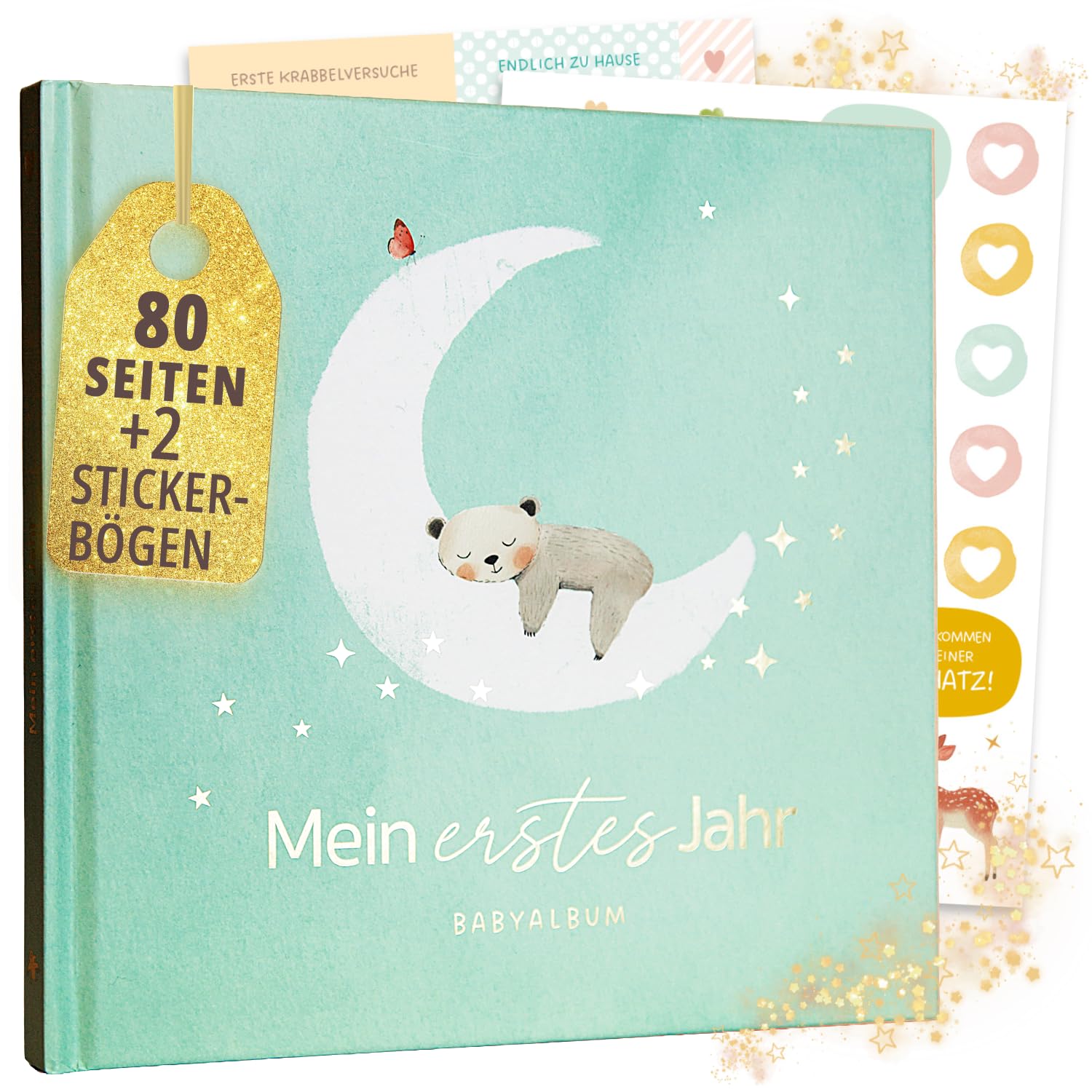 Mein erstes Jahr Babyalbum | Erinnerungsbuch Baby | Hochwertiges Fotoalbum Baby mit Goldprägung I 80 Seiten Baby Tagebuch I Geschenk zur Geburt für Mädchen und Junge - Babygeschenke Babyparty (Mint)