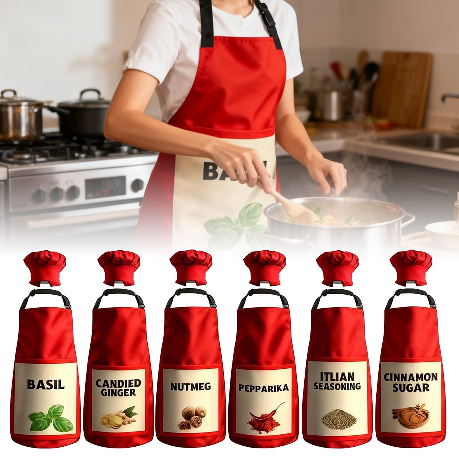 Grembiule da cucina 6 pezzi costume speziato e cappello grande gruppo grembiule rosso condimento con su di esso adatto per adulti femminili gioco di ruolo di gruppo