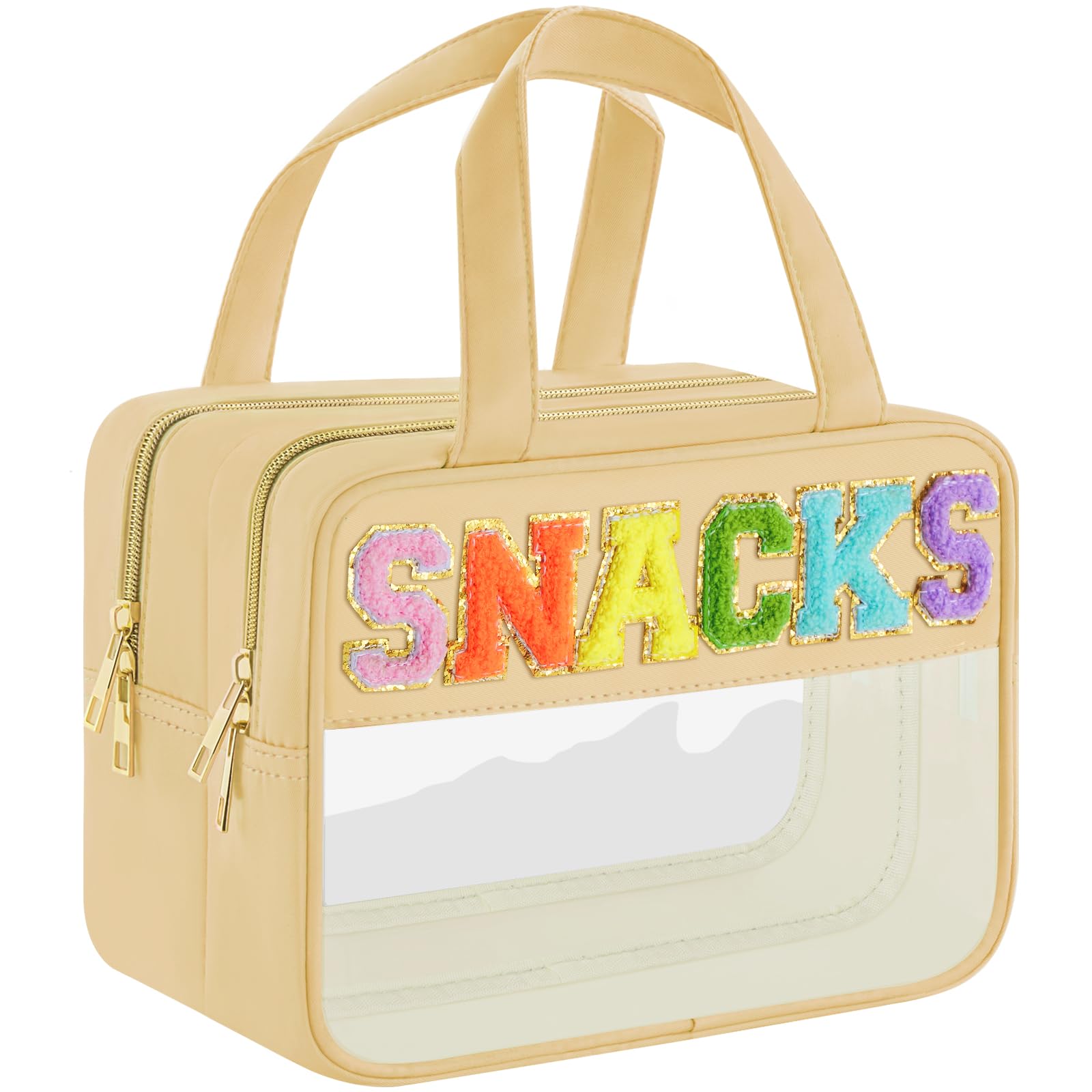 SIMBOOM Chenille Letter Clear Makeup Bag, Preppy Clear Snack Bags with Zipper, Waterproof Stuff Bag Travel Toiletry Bag Cosmetic Pouch for Women and