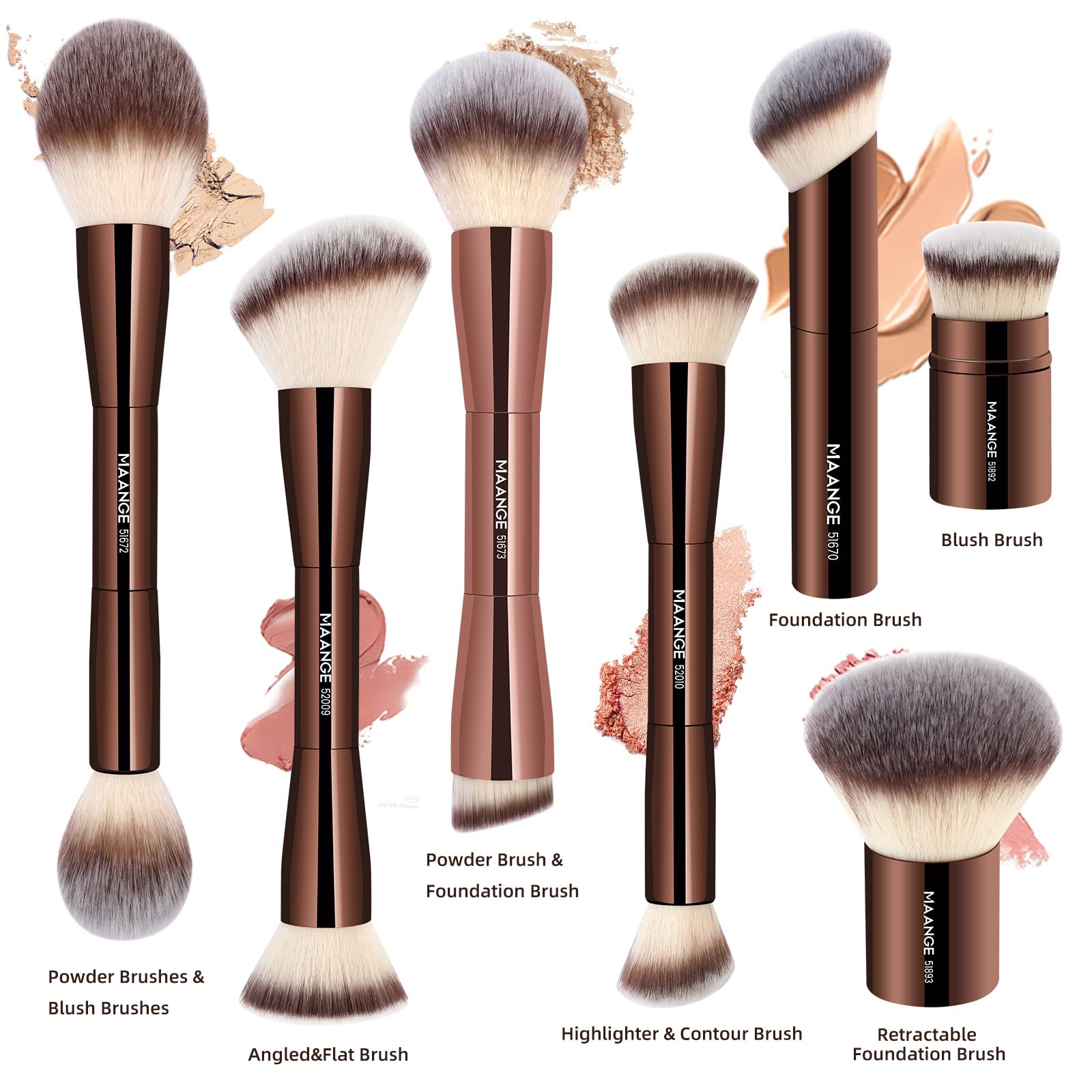 MAANGE Set di 7 pennelli da trucco kabuki double face, pennelli per contouring, fondotinta, cipria, correttore, crema, cosmetici, bronzer, blush, lucidatura, strumenti per il trucco (caffè)