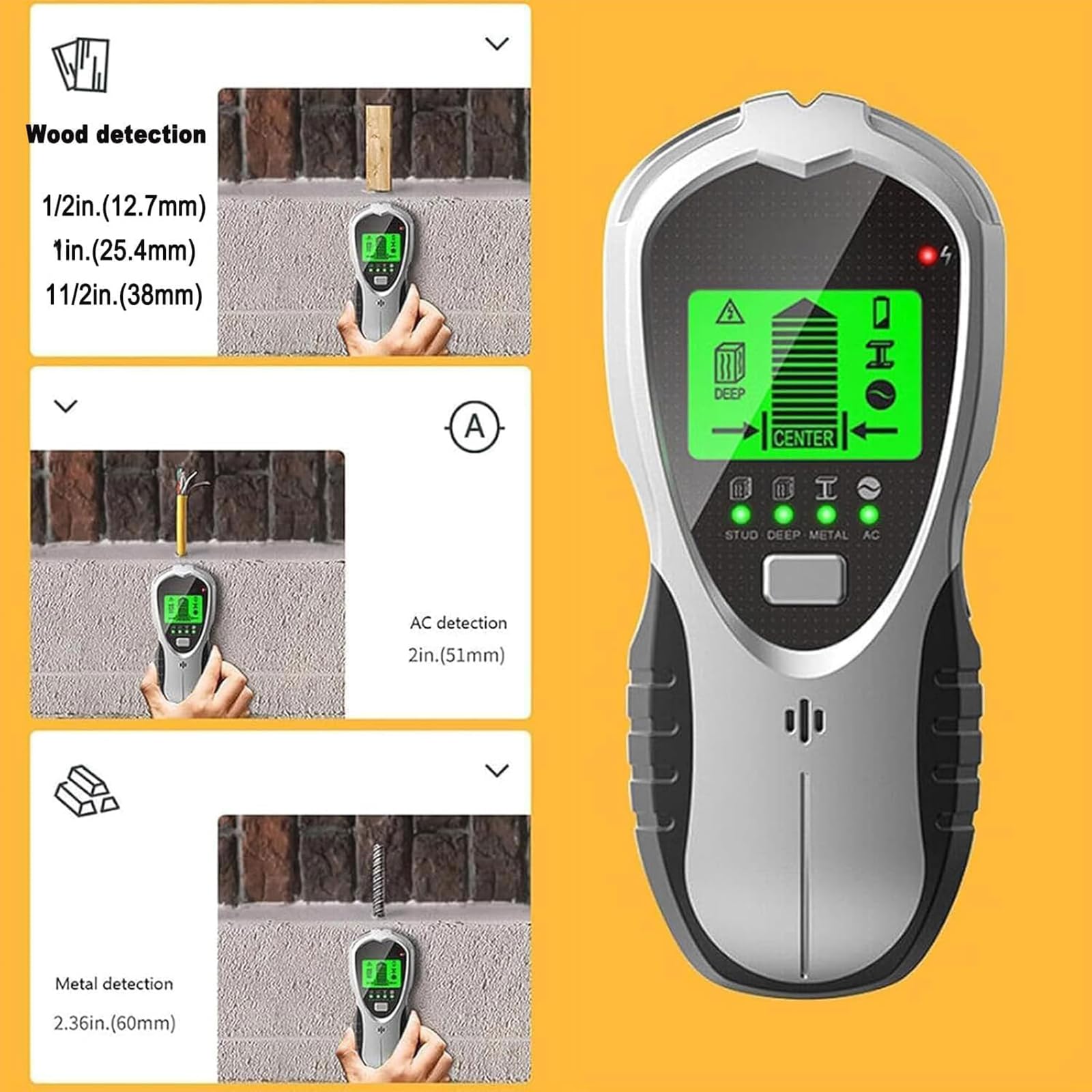 Escáner de pared, buscador de cables con pantalla LCD, 5 modos, detecta con precisión alambre de CA de madera, alarma de audio, para mejoras del hogar