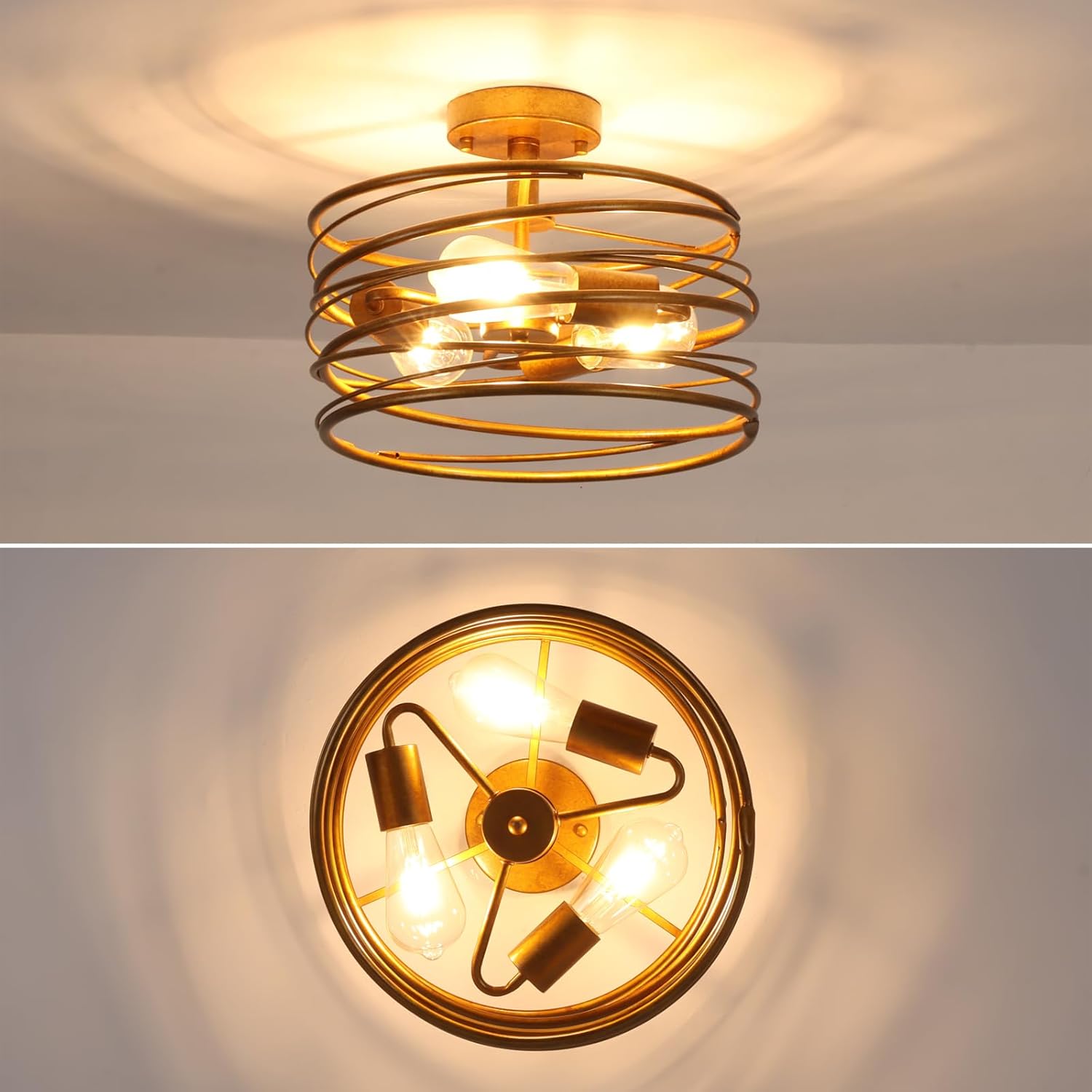Vintage Gold 3-Light Rustic Drum Semi Flush Ceiling Light Fixture, Retro Farmhouse Chandeliers Metal Cage for Dining Room, Industrial Pendant Light Fixture for Entryway Kitchen Foyer Bedroom