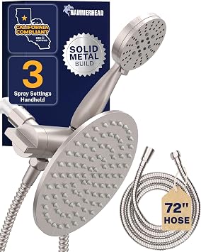 HammerHead Showers Dual Shower Head Combo, 8-Inch Rainfall & 3-Flow Handheld, Brushed Nickel, 1.75 GPM