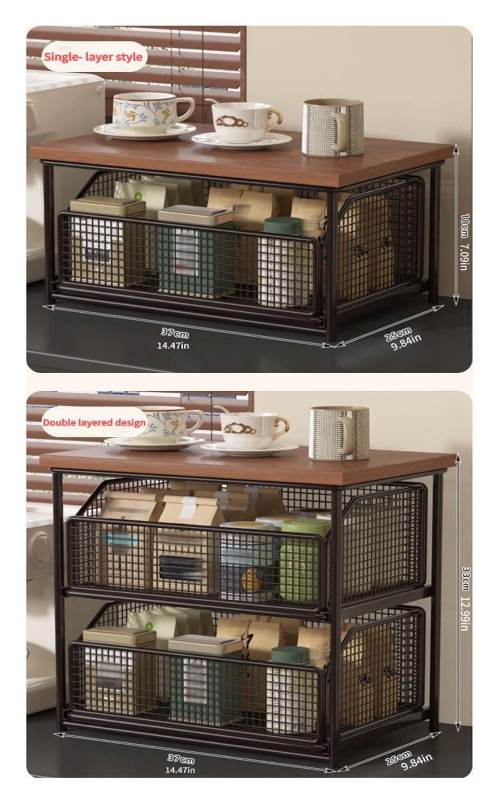 Organizzatore Piano Legno 2 Piani Cassetto Cesto Metallo Cucina Camera