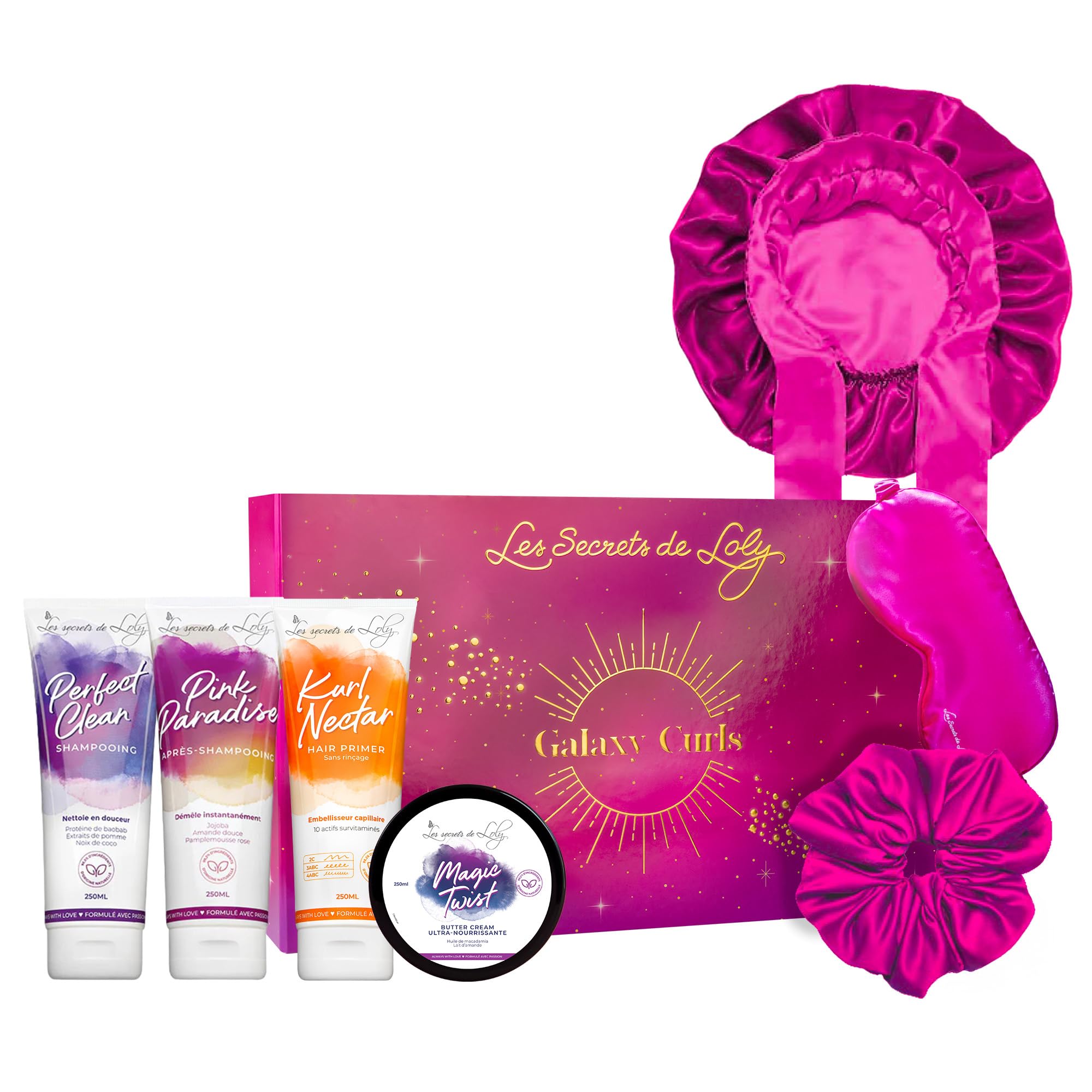 Les Secrets De Loly - Coffret Cadeau - Routine Complète 4 Produits + 3 Accessoires Satin - Nutrition Intense & Protection - Cheveux Crépus - Formule Naturelle 97%