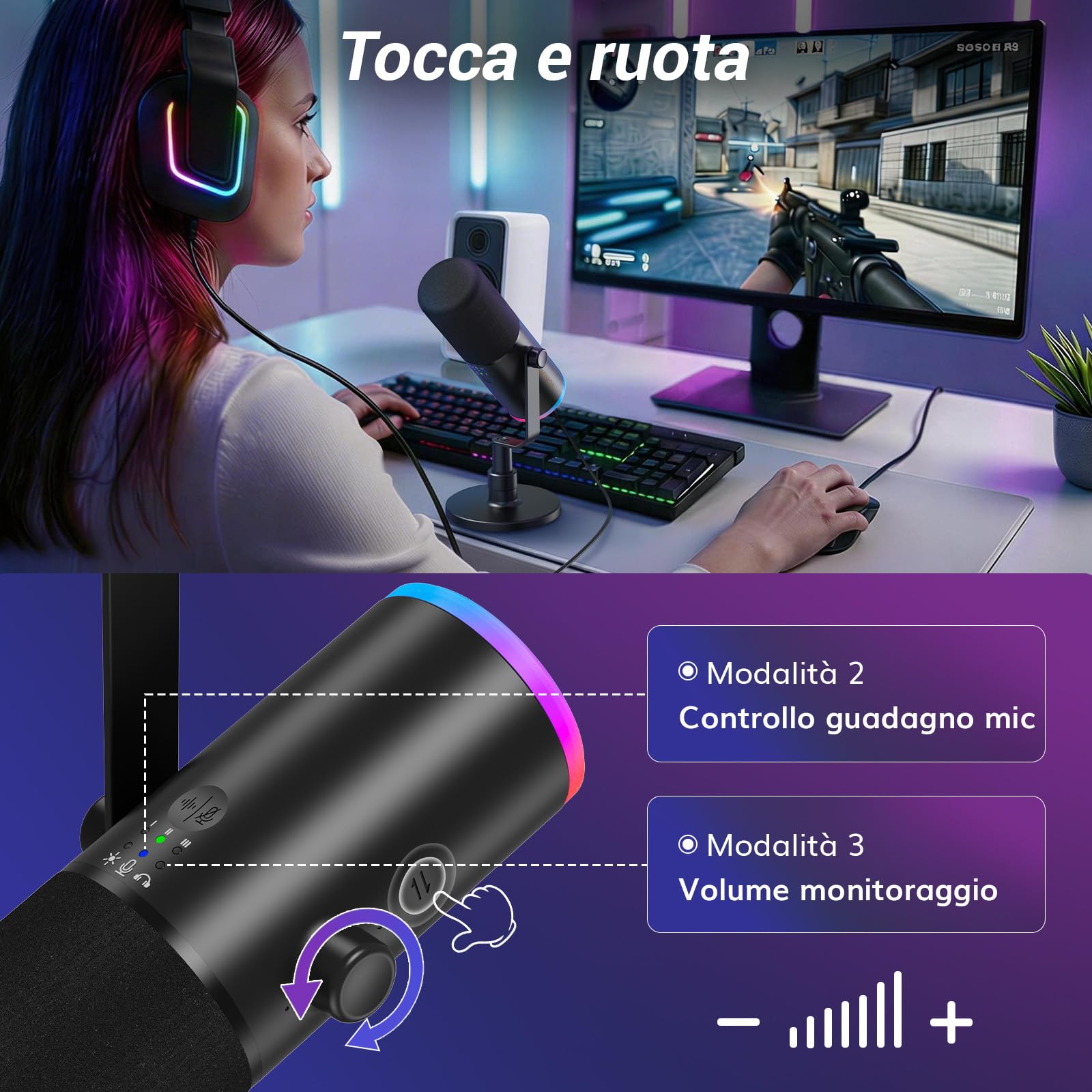 TONOR Microfono Gaming Dinamico per PC, Microfono Cardioide Streaming XLR/USB con supporto da tavolo per Podcasting/Studio, Cancellazione Rumore IA,RGB Controllabile,Jack Cuffie 3,5 mm,Nero,TD510 AIR
