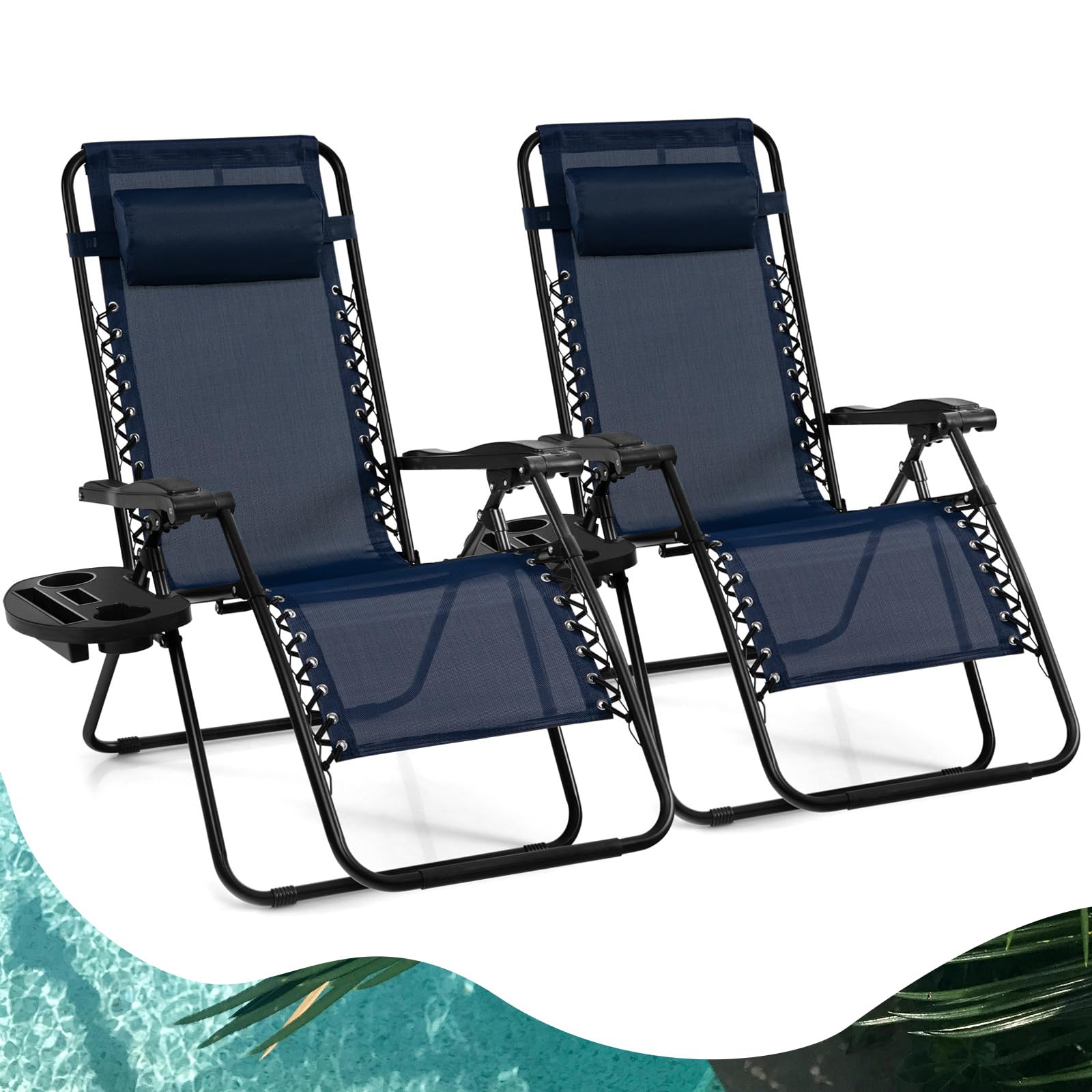 Goplus Zero Gravity Lounge Chairs, 160°Adjustable Folding Recliner w/Pillow and Cup Holder, 350LBS Comfy Outdoor Lounge Chairs for Patio, Lawn, Yard & Camp(Set of 2, Navy)
