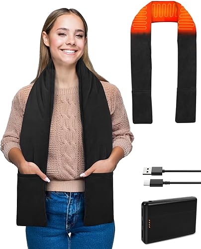 Bufanda eléctrica con calefacción inalámbrica de 63 pulgadas de longitud, calentador suave con cargador de energía USB recargable de 10000 mAh, 3