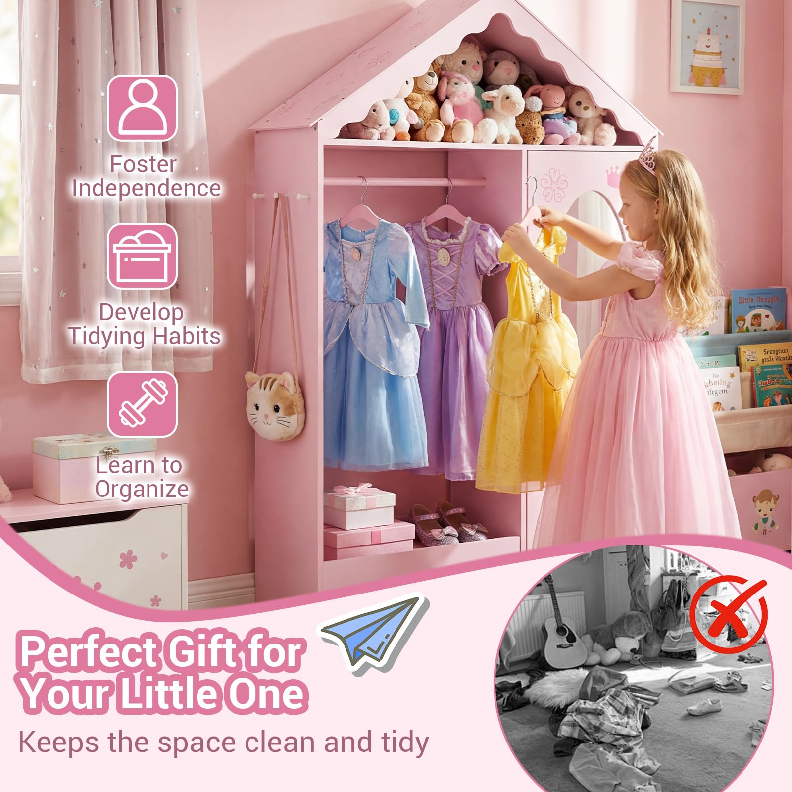 FANTASK Kinder Kleiderschrank Hausform, Kindergarderobe mit Spiegel, Kleiderstange, Regalen & Haken, Kinderzimmer Kleiderschrank für Mädchen & Jungen ab 3 Jahren, Kleiderständer Kinderzimmer (Rosa)