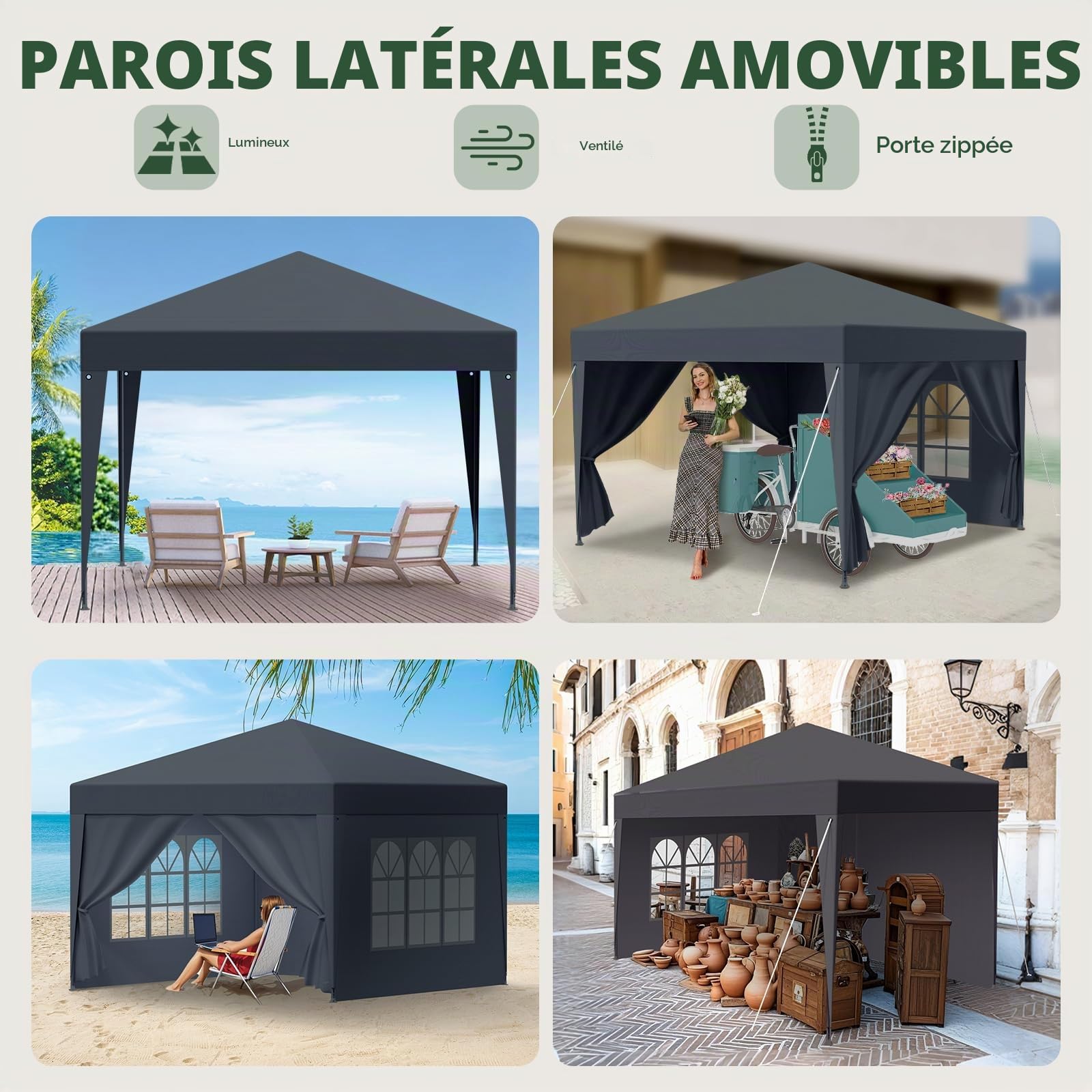 Tonnelle 3 x 3 m, imperméable, stable, résistante à l'hiver, tente de fête avec panneaux latéraux amovibles, protection UV, coupe-vent, tonnelle pliable, tonnelle de jardin, tente de jardin