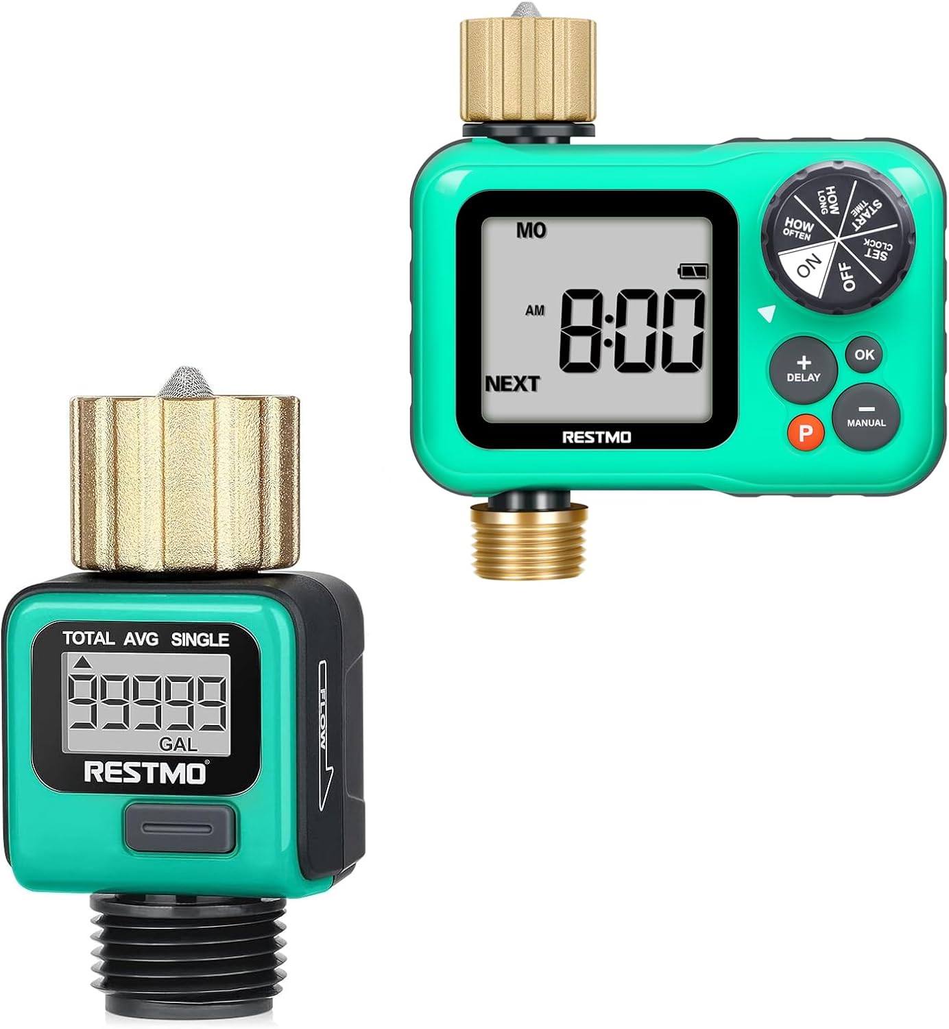 RESTMO Water Flow Meter, Sprinkler Timer with Brass Inlet & Outlet, 3 Separate Programs Water Timer for Garden Hose, Drip Irrigation and Lawn