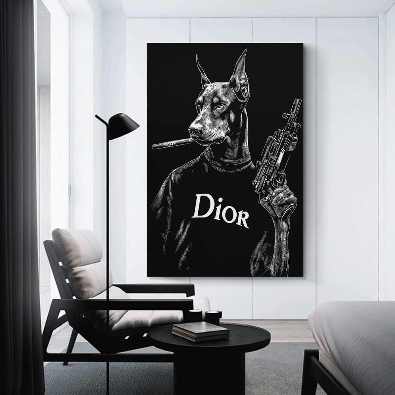 Junmoney Doberman with Cigar And Gun Canvas Wall Picture 24x36inch(60x90cm), for Living Spaces, Bedrooms Or Relaxed Rooms, Modern Wall Decor for Cosy Interiors