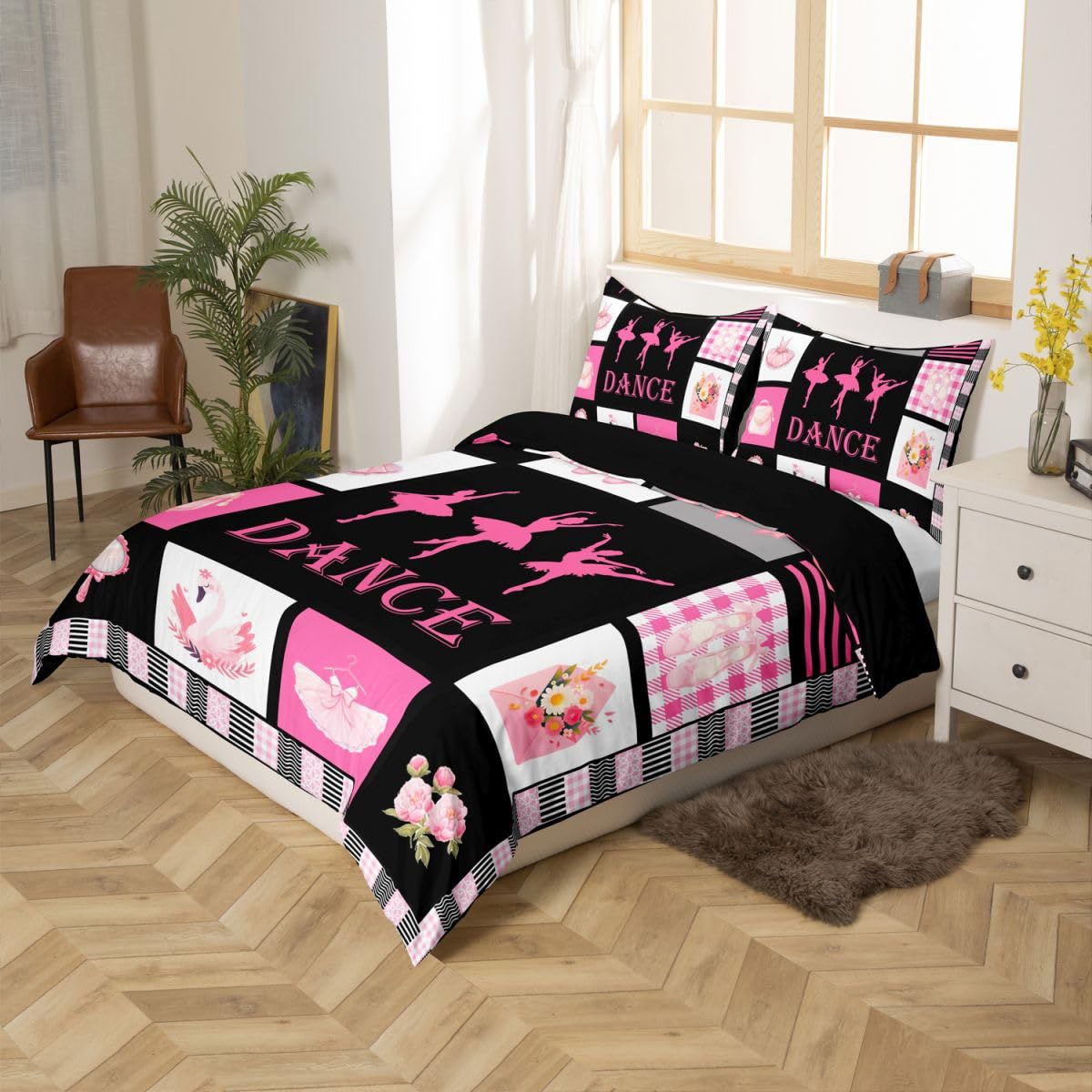 Homewish Czarny Różowy Taniec Motyw Dziewczyny King Zestawy Poszwa Na Kołdrę Balet Buty Tancerz Kokarda Pościel Kokarda Kwiatowa Poszewka Na Kołdrę Kobiety Dorośli Ciepłe Miękkie Pościel Zestaw Łóżek