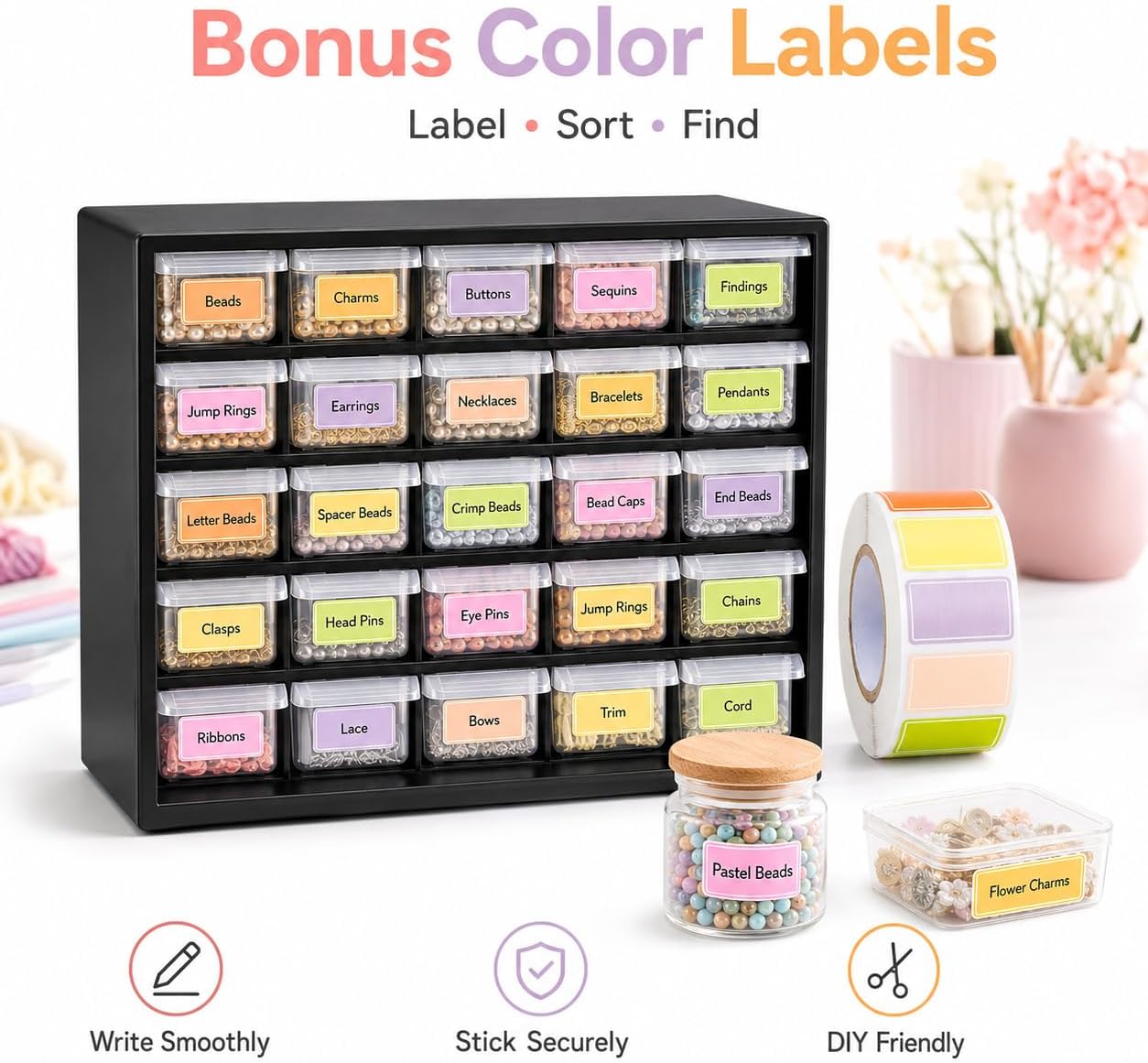25-Drawer Craft Storage Organizer with Labels and Dividers | PP craft organizer with labels, dividers and bonus sticker roll