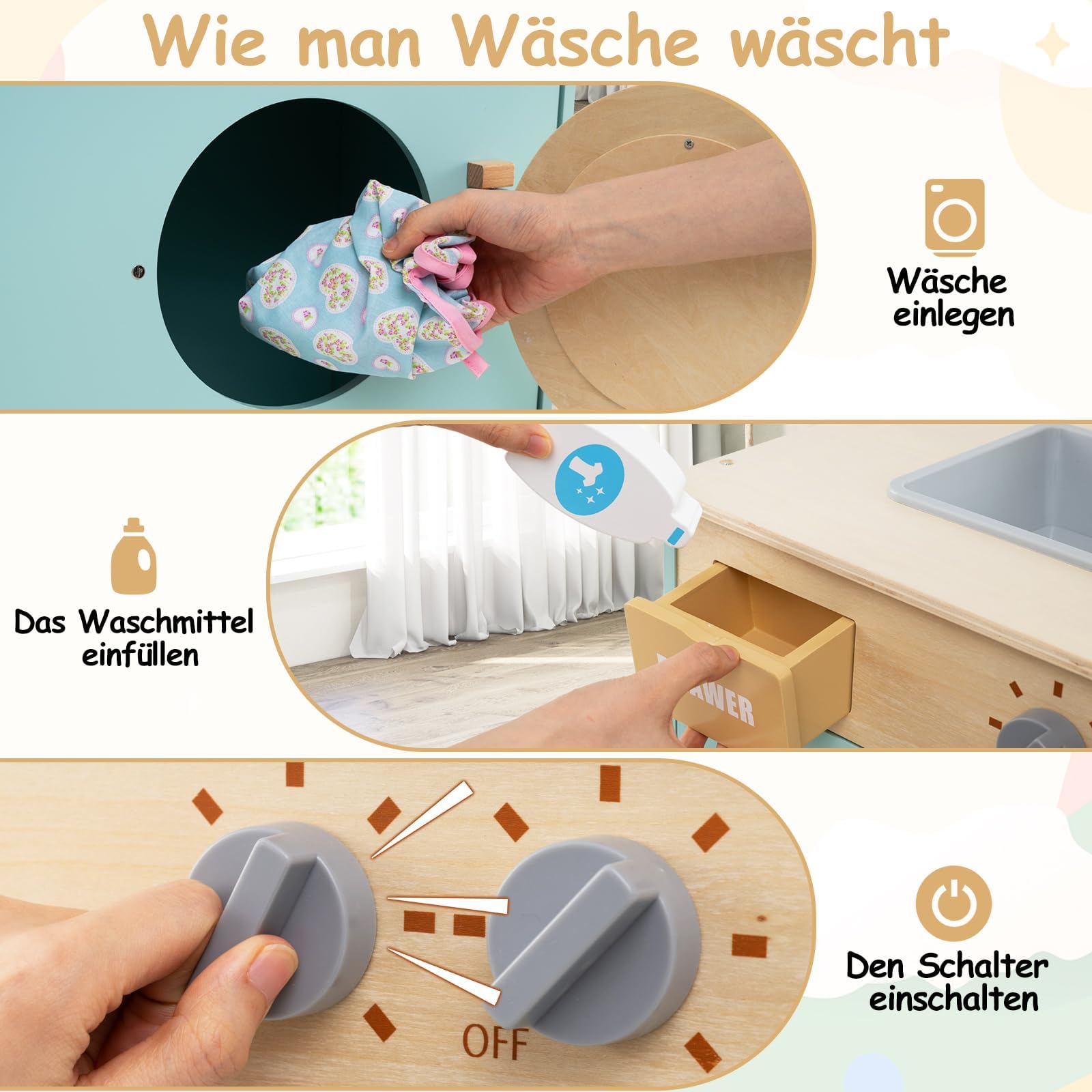 FANTASK Waschmaschine-Spielset, Kinder Waschmaschine Holz mit Waschmittel & Handdesinfektionsmittel, Wäscheset mit Spüle, Schublade & Drehrad, für Kinder ab 3 Jahren