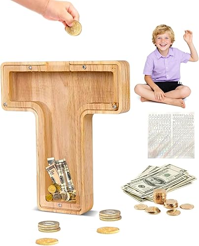 Miniatura 68 de Alcancía de madera con letras de madera, alcancía para niños y niñas, grande, 26 alfabetos, banco de dinero con nombre personalizado transparente