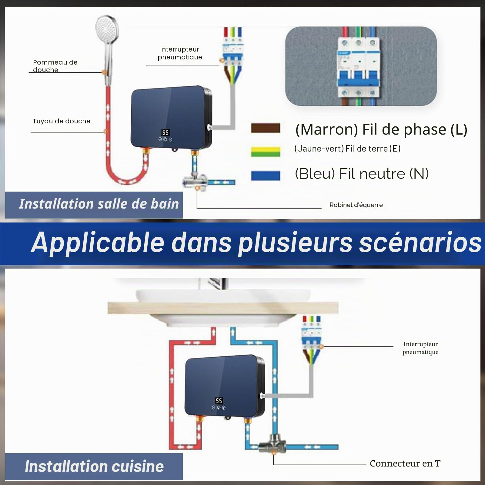 6000 W Mini Chauffe-eau éLectrique Instantané, Chauffe-eau Avec Affichage Led de la Température, Chauffe-eau Instantané pour Cuisine, Salle de Bain, Réglage de la Température 30-55 °C