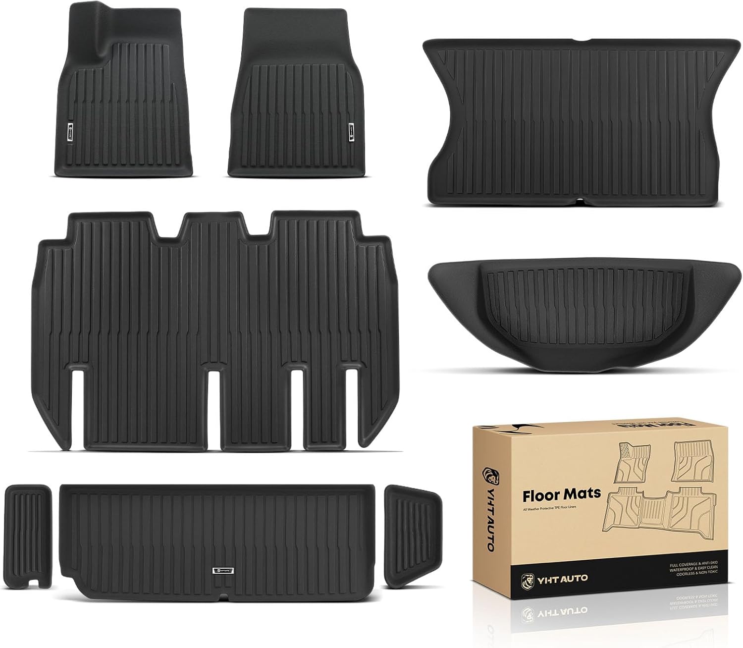 YHTAUTO Floor Mats & Cargo Liners Compatible with Tesla Model X 2022-2025 (5-Seat), TPE Floor Liners All Weather Custom Fit, 1st & 2nd Row & Front & Rear & Inner Trunk Cargo Mat, Set of 5, Black