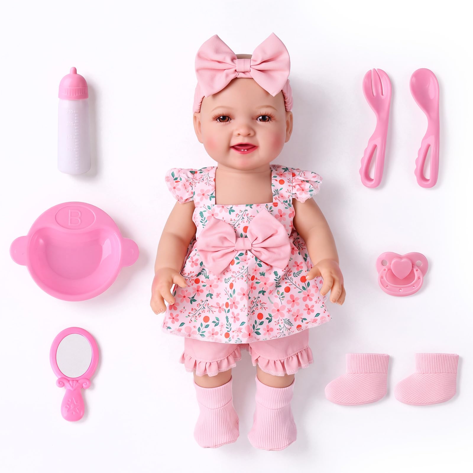 15 Inch Baby Doll, Soft Body Girl with Feeding Set & Floral Outfit