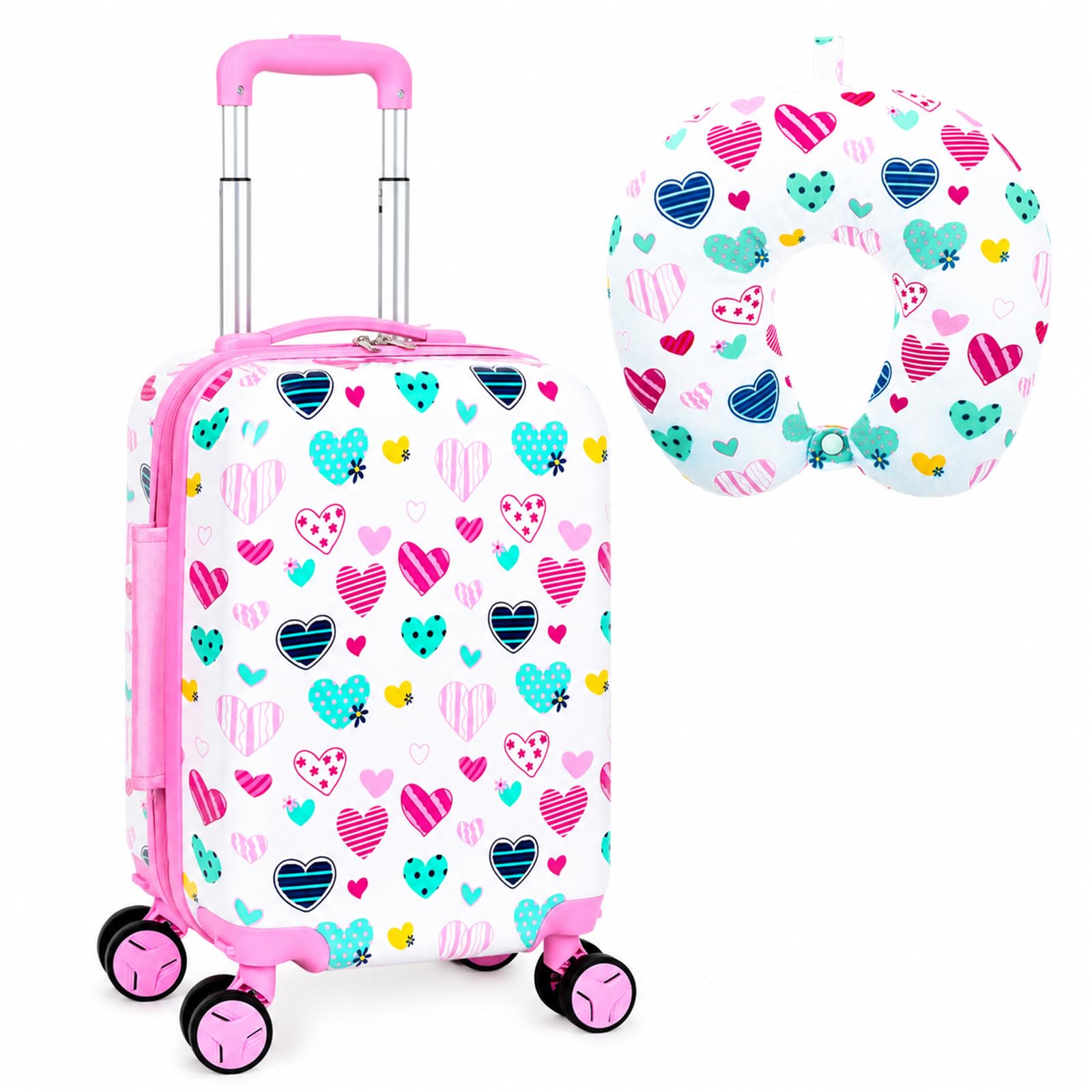 Girls Luggage Set, 16" Kids Carry-On Suitcase with Heart for Ages 3-10