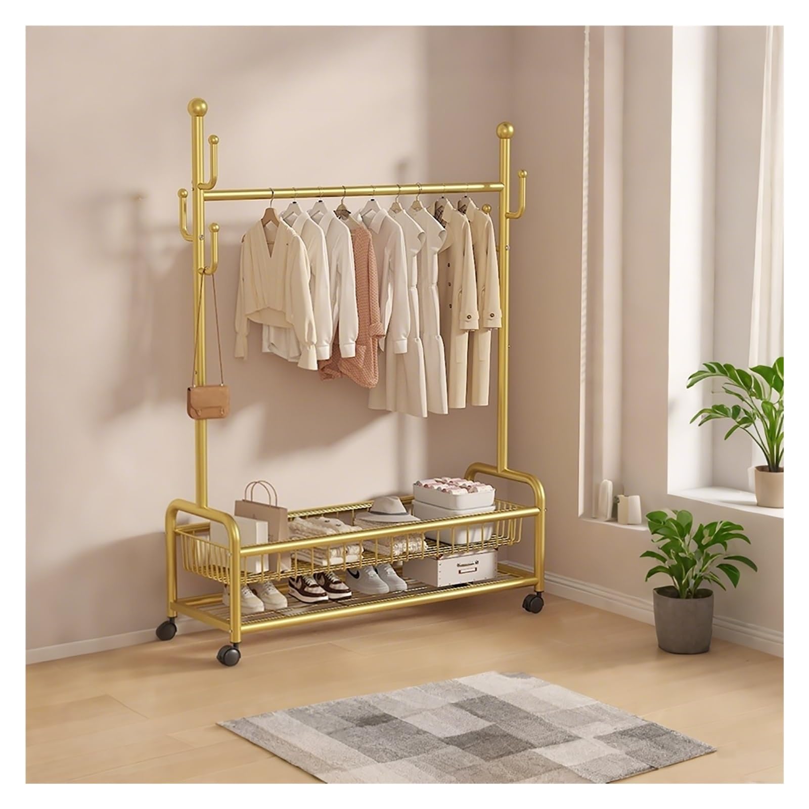 Lshtshf-ou Clothing Racks Heavy Duty Clothes Rack Hanging For With Shelves Rolling Coat Wardrobe Closet Garment For Bedroom(Gold,120cm)