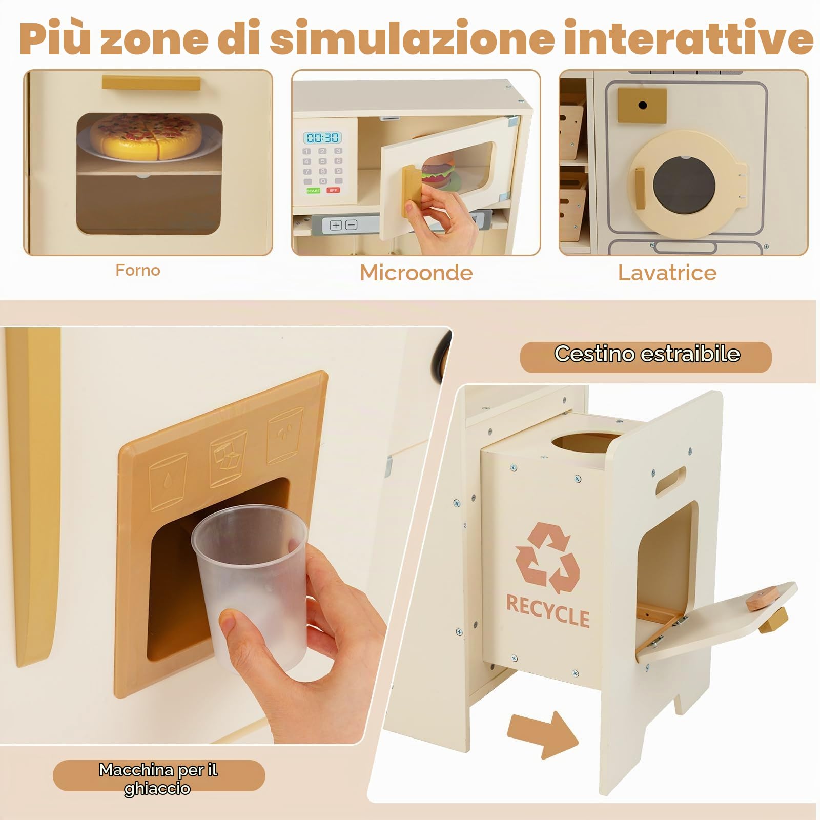 HOMASIS Cucina Angolare in Legno, Cucina Giocattolo con Luci e Suoni, inclusi 22 Accessori, Cestino della Spazzatura, Lavandino, Macchina del Gelato, Frigorifero, Lavatrice, per Bambini da 3+ Anni