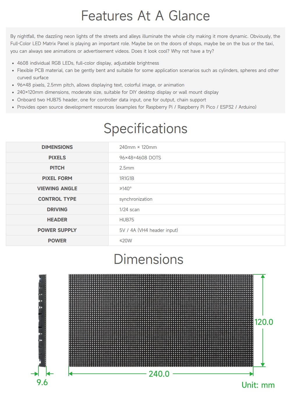 Waveshare Flexible RGB Full-Color LED Matrix Panel 2.5mm Pitch 96x48 Pixels Adjustable Brightness and Bendable PCB Compatible with Raspberry Pi/Raspberry Pi Pico / ESP32 / Arduino