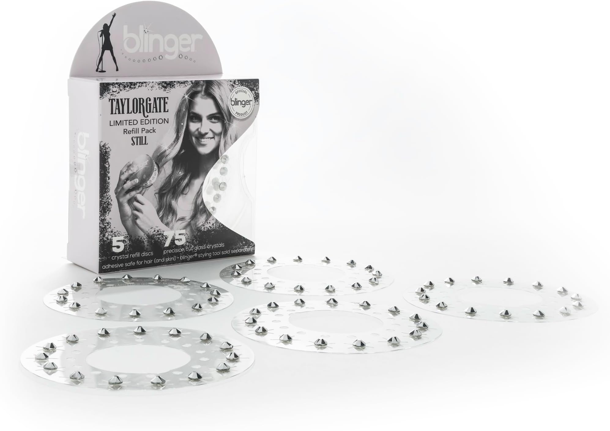 blinger® Limited Edition Refill Pack - Still | 75 Precision-Cut Glass Crystals (5 Discs) | Hair Safe Adhesive - Bling In, Brush Out | blinger® Styling Tool Not Included | Silver 5 MM