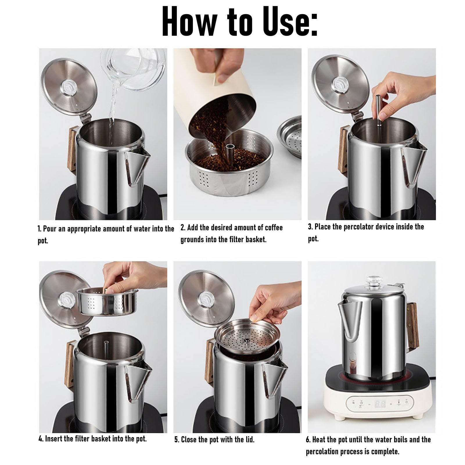 Cafetière Percolateur en Acier Inoxydable 12 Tasses sur Cuisinière, Percolateur Multi-réchaud de Camping, Pot à Cappuccino pour L'extérieur, la Maison, la Randonnée, les Voyages (12 tasses