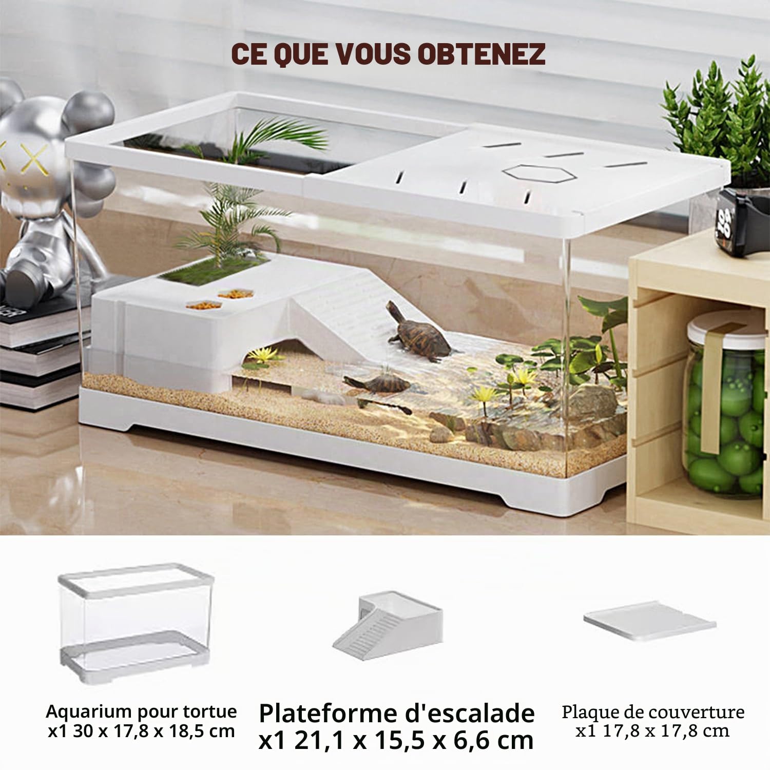 Aquarium pour tortues avec plateforme et drainage inférieur, 30 x 17,8 x 18,5 cm, pour tortues juvéniles, écrevisses, crabes, amphibiens, reptiles - Blanc