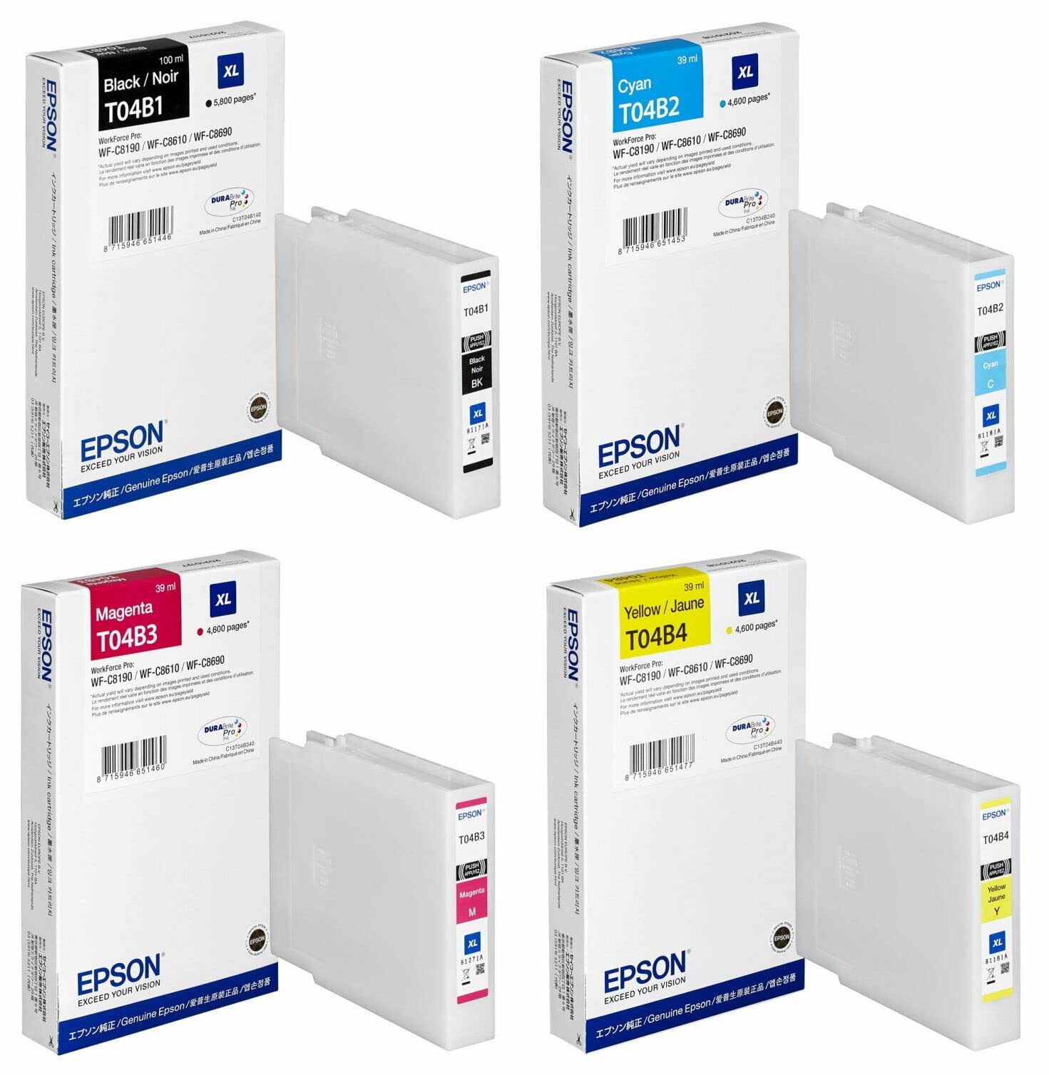 Epson Cartucce d'inchiostro originali T04B1 T04B2 T04B3 T04B4 XL Multipack Nero, Ciano, Magenta, Giallo per Workforce-Pro WF-C8190, WF-C8610, WF-C8690 C13T04B140 C13T04B240