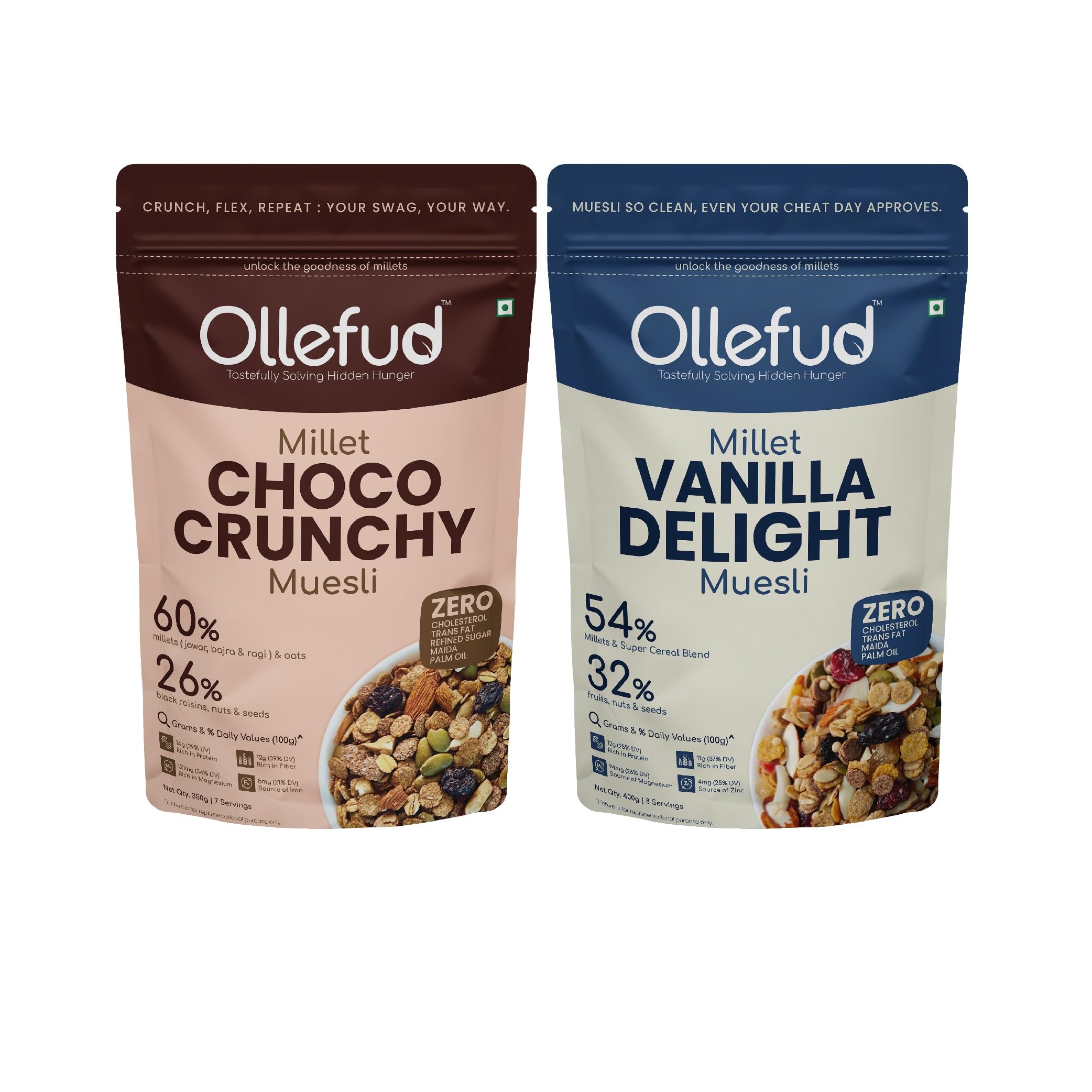 Ollefud Millet Muesli Combo | Vanilla Delight 400g + Choco Crunchy 350g | With Fruits, Nuts & Seeds | Healthy Breakfast Cereal | Pack of 2 | 750g-image-36