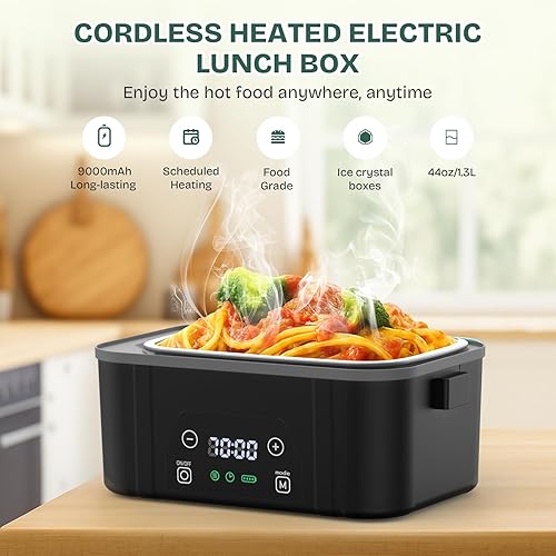 Miniatura 5 de Fiambrera eléctrica inalámbrica para adultos, lonchera calentada a pilas con calefacción automática, contenedor de 44 onzas  1.3 L con bolsa aislada
